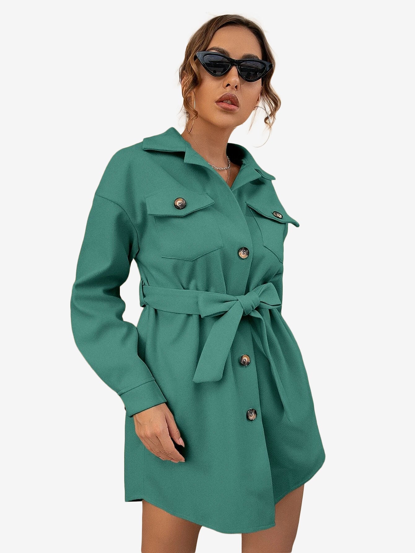Drop Shoulder Flap Pocket Belted Overcoat