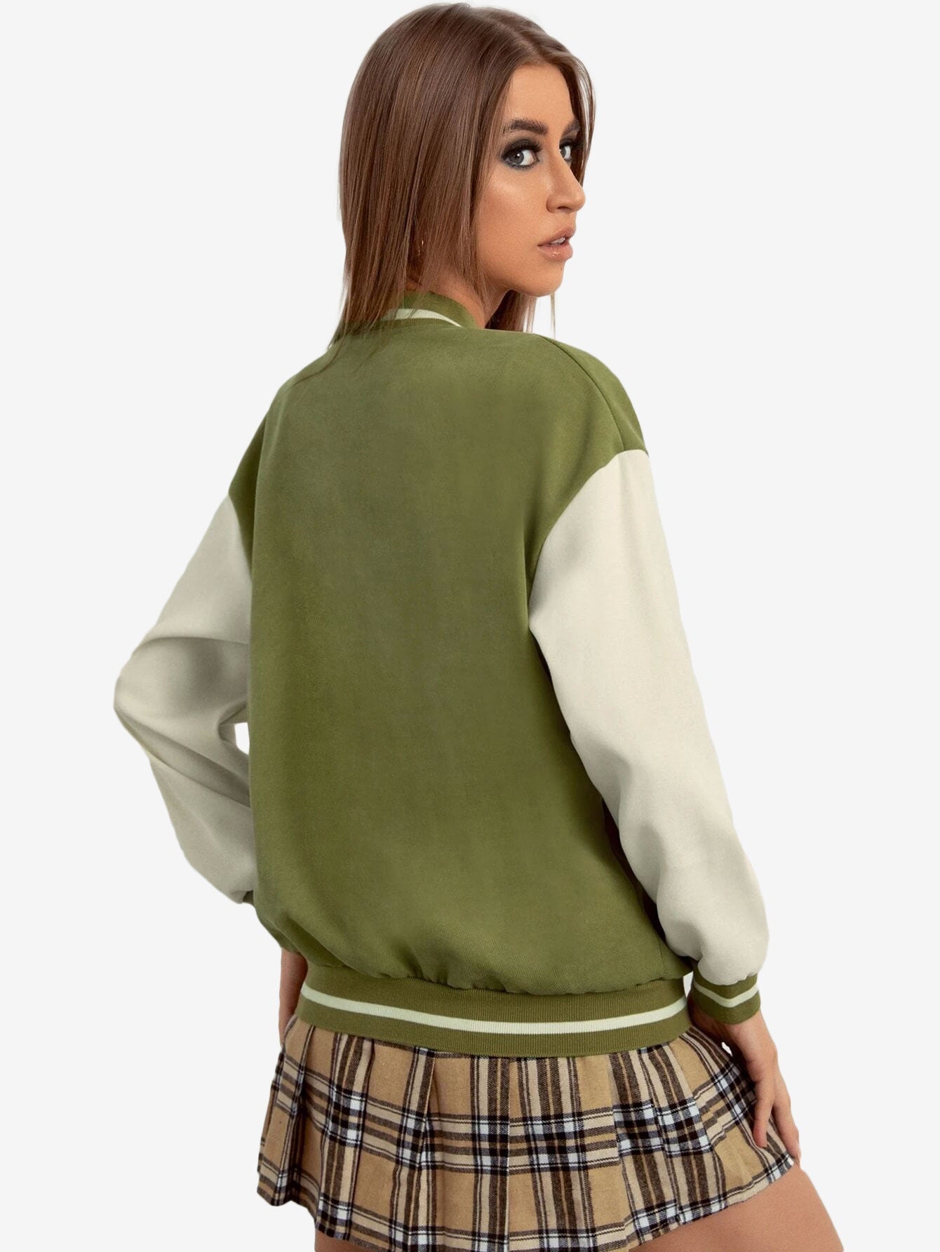 Contrast Sleeve Letter Patched Bomber Jacket