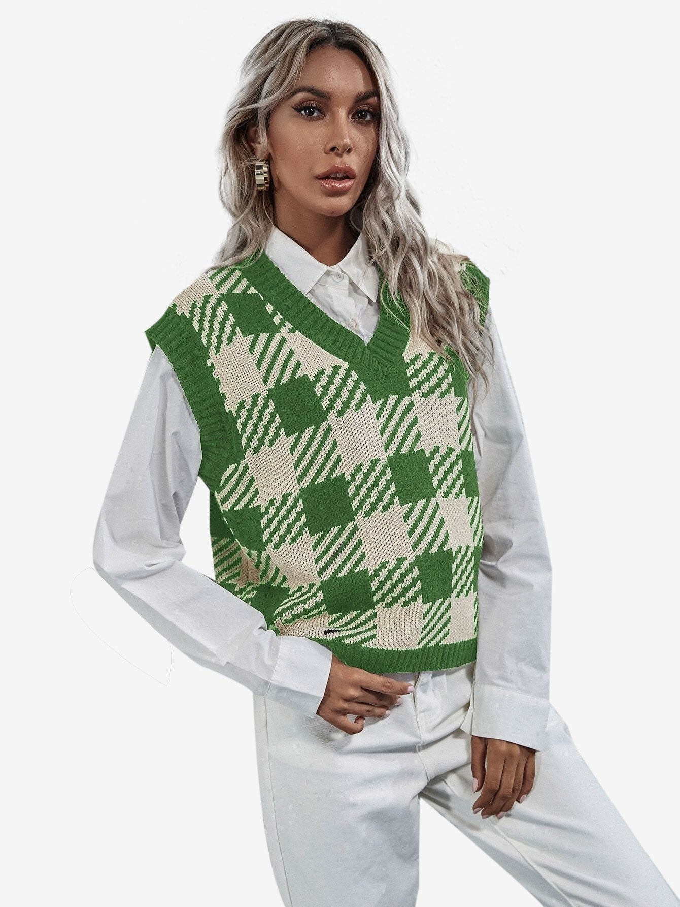 Cute V-neck Gingham Sweater Vest