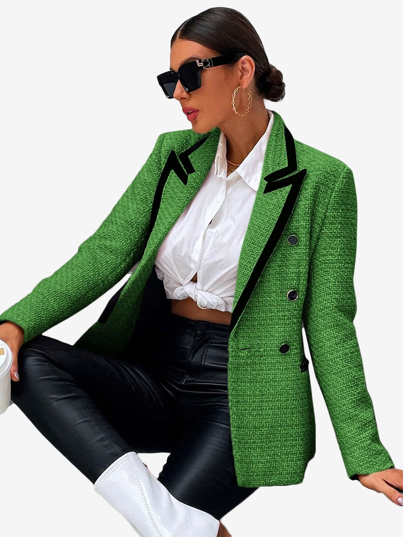 Contrast Binding Peak Collar Double Breasted Overcoat