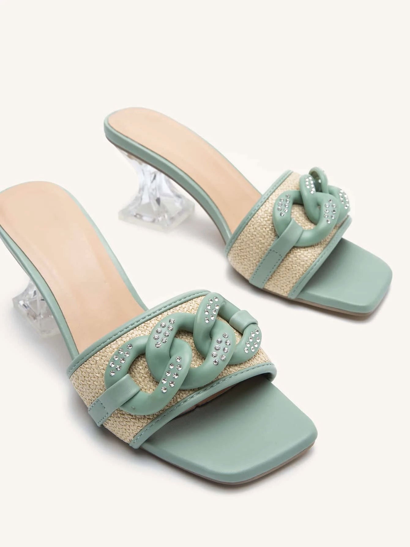 Chain Decor Pyramid Heeled Sandal Mules