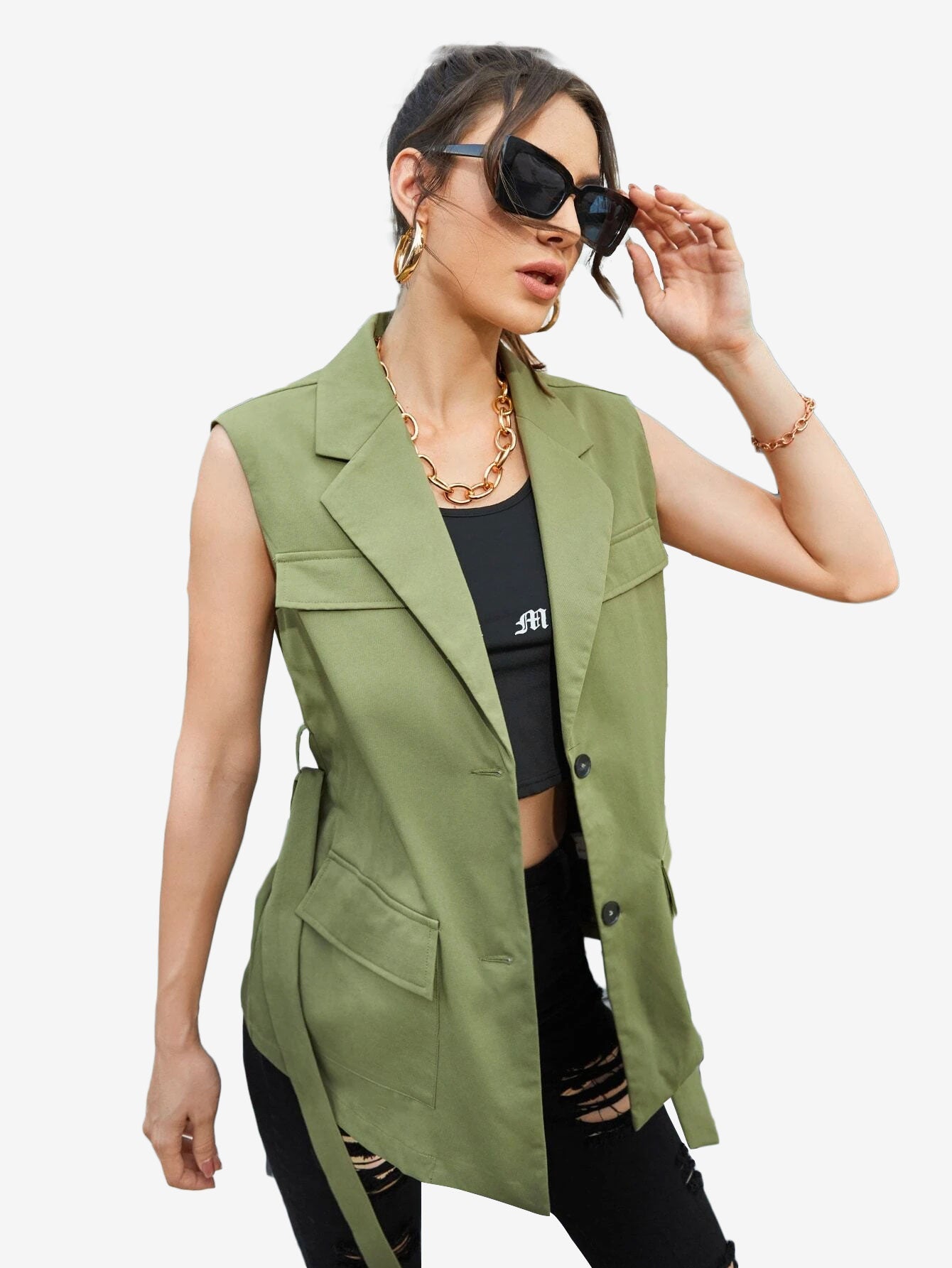 Autumn Lapel Neck Flap Pocket Belted Vest Blazer