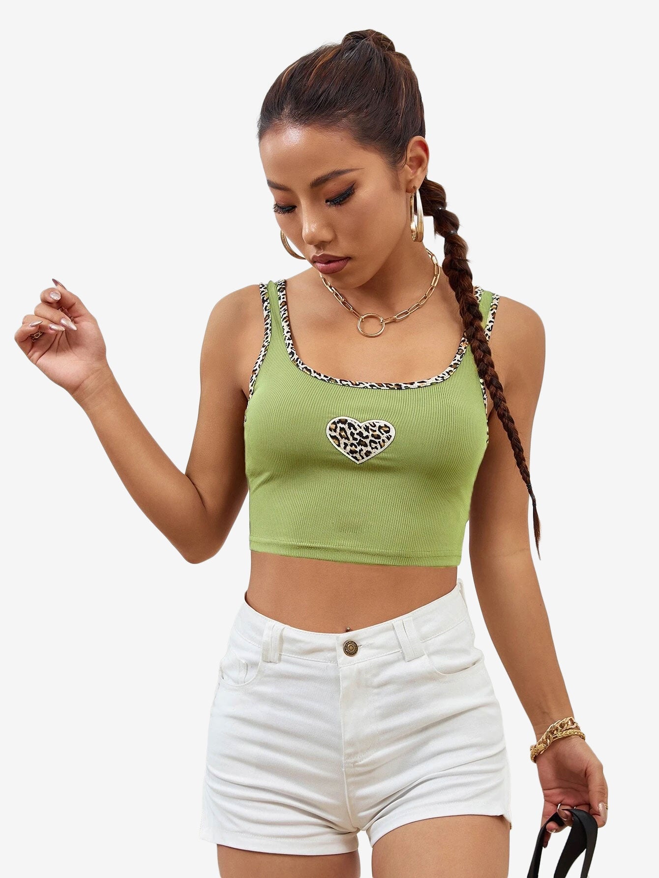 Leopard Binding Heart Embroidery Tank Top