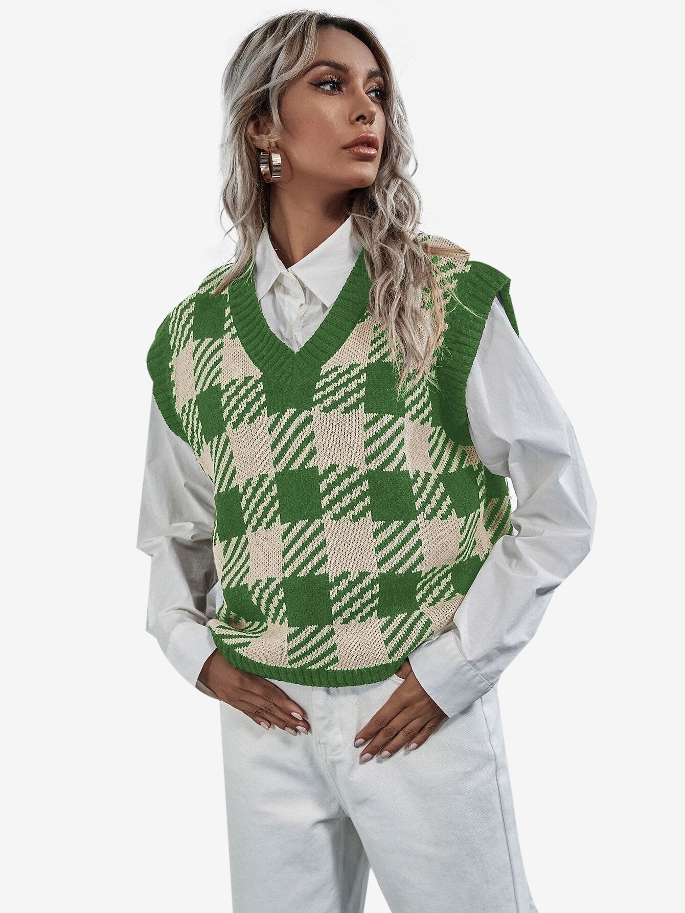 Cute V-neck Gingham Sweater Vest
