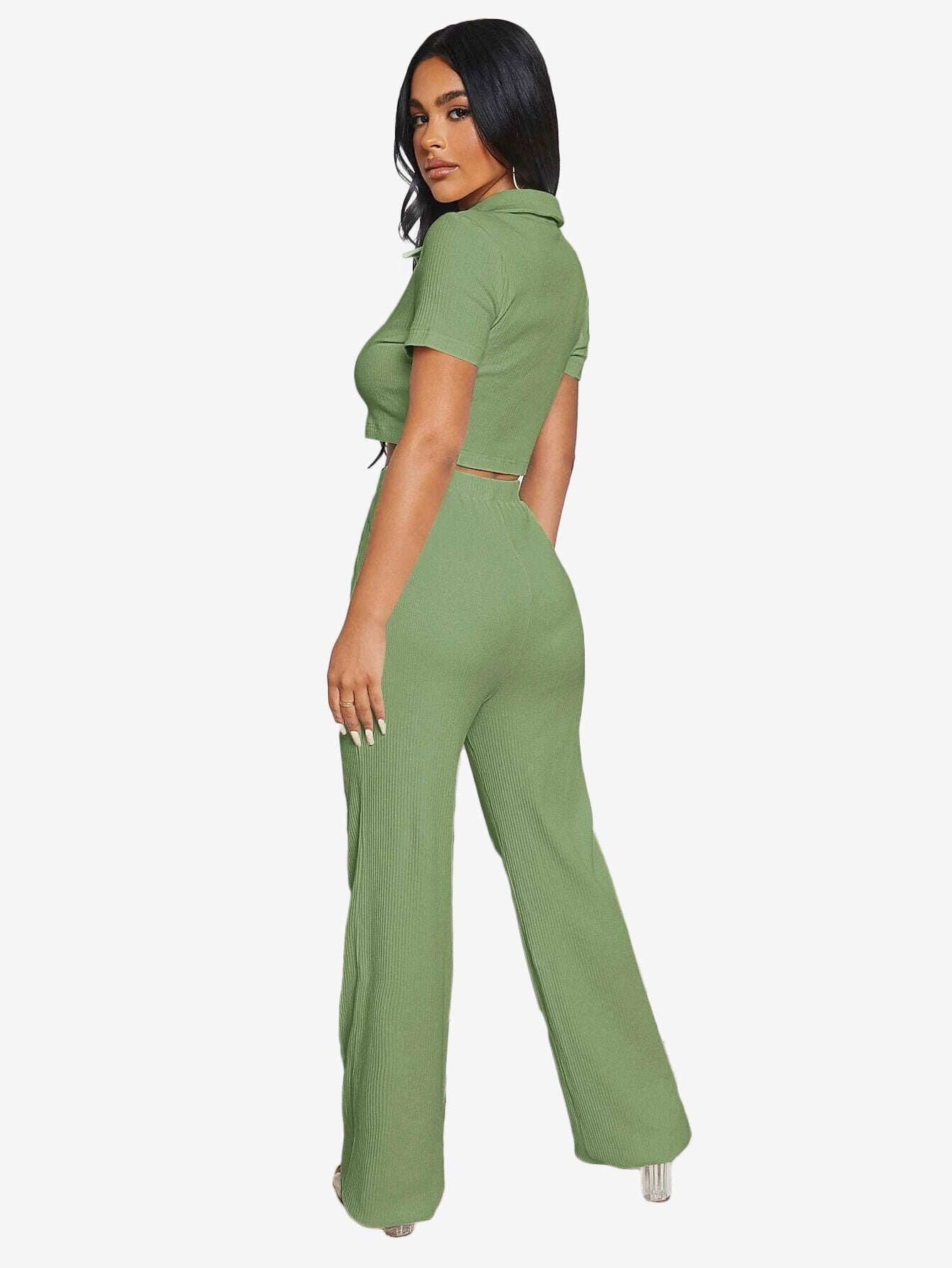 Button Half Placket Rib-knit Crop Top