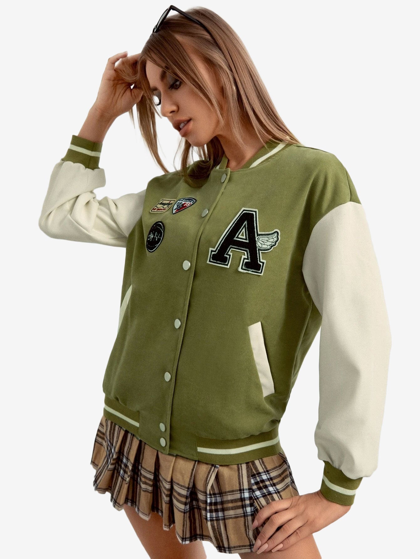 Contrast Sleeve Letter Patched Bomber Jacket