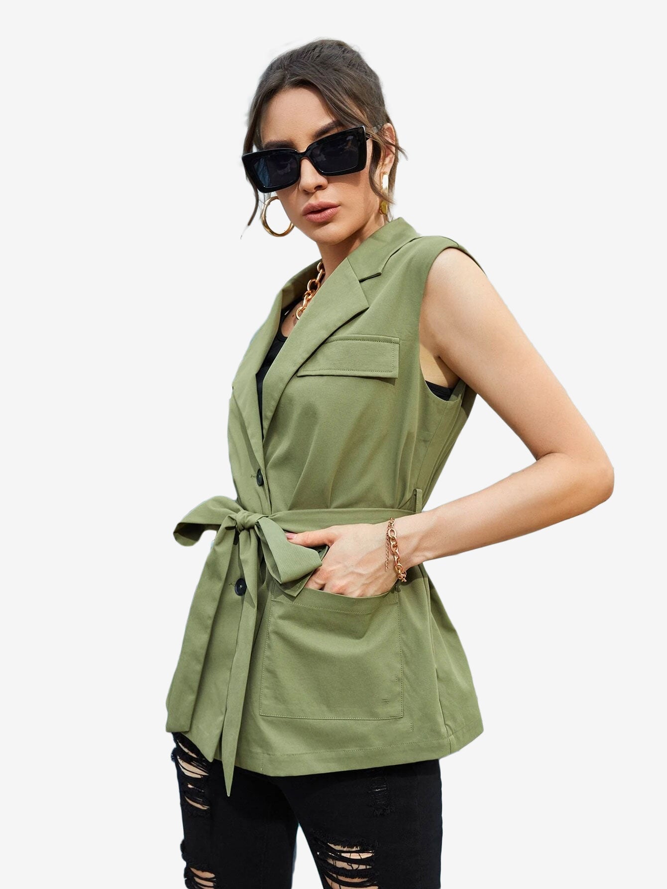 Autumn Lapel Neck Flap Pocket Belted Vest Blazer