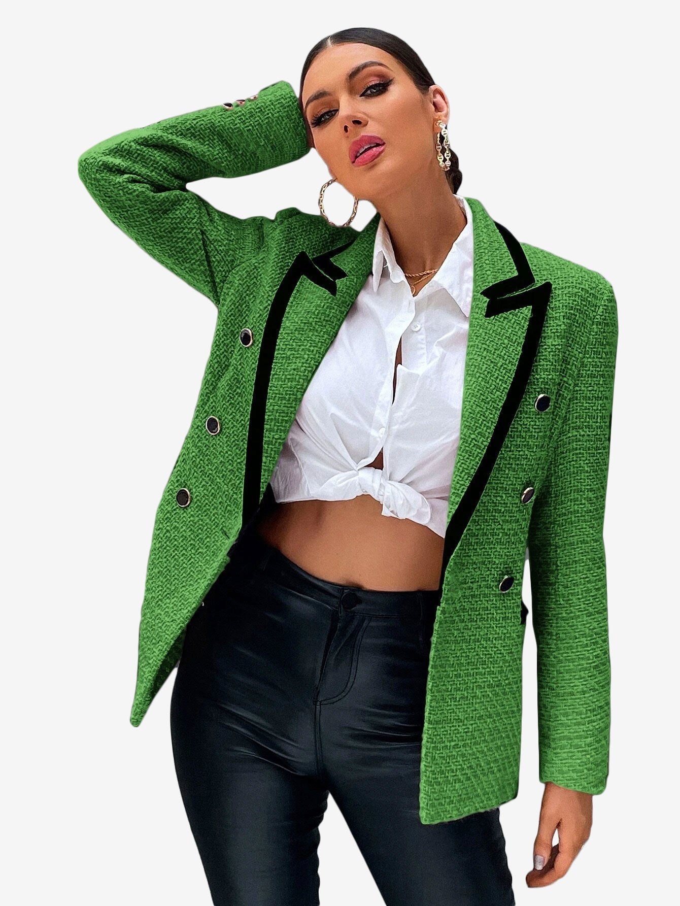 Contrast Binding Peak Collar Double Breasted Overcoat