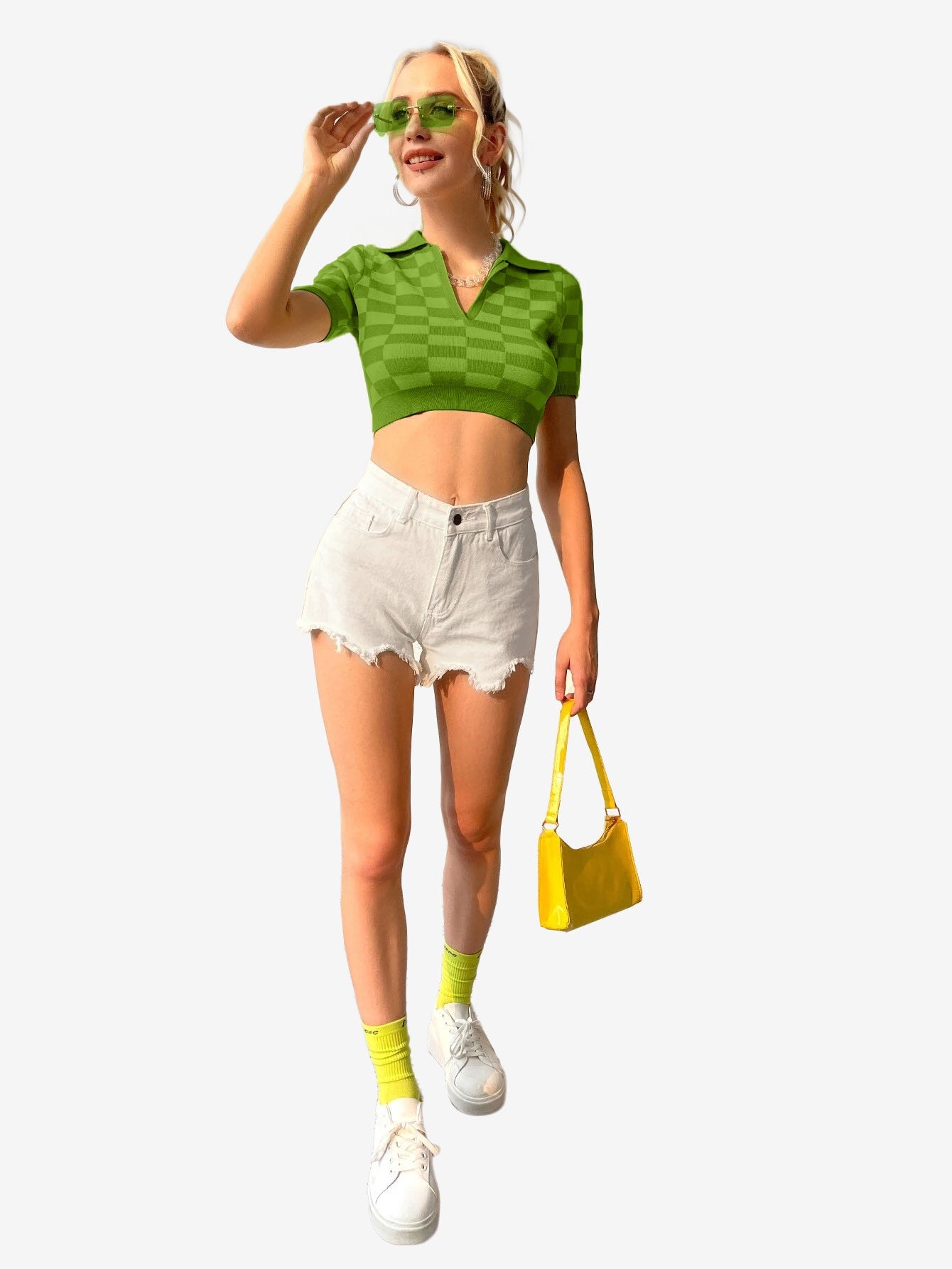 Color Block Knitted Polo Top Plaid