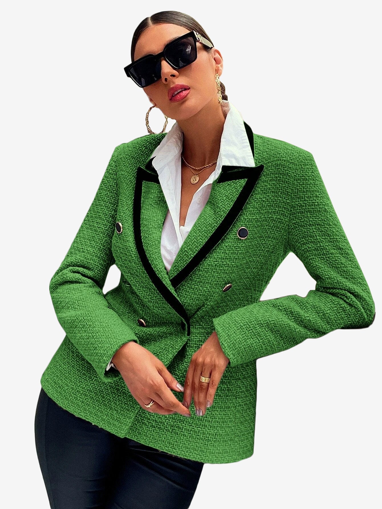 Contrast Binding Peak Collar Double Breasted Overcoat