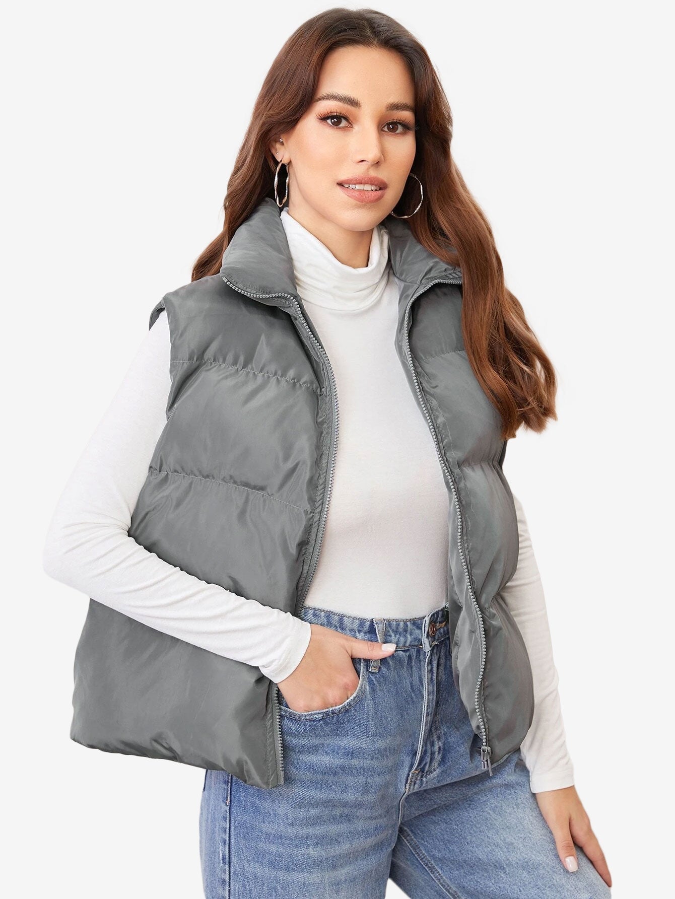 Cozy Zip Up Solid Vest Winter Coat
