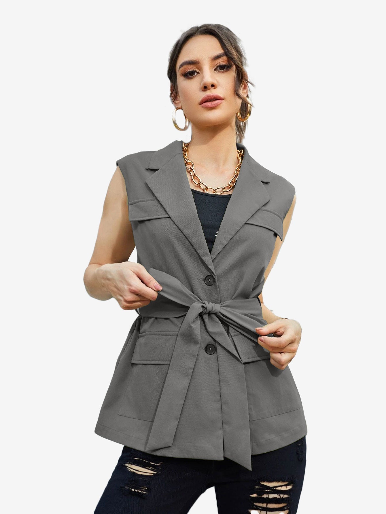 Autumn Lapel Neck Flap Pocket Belted Vest Blazer