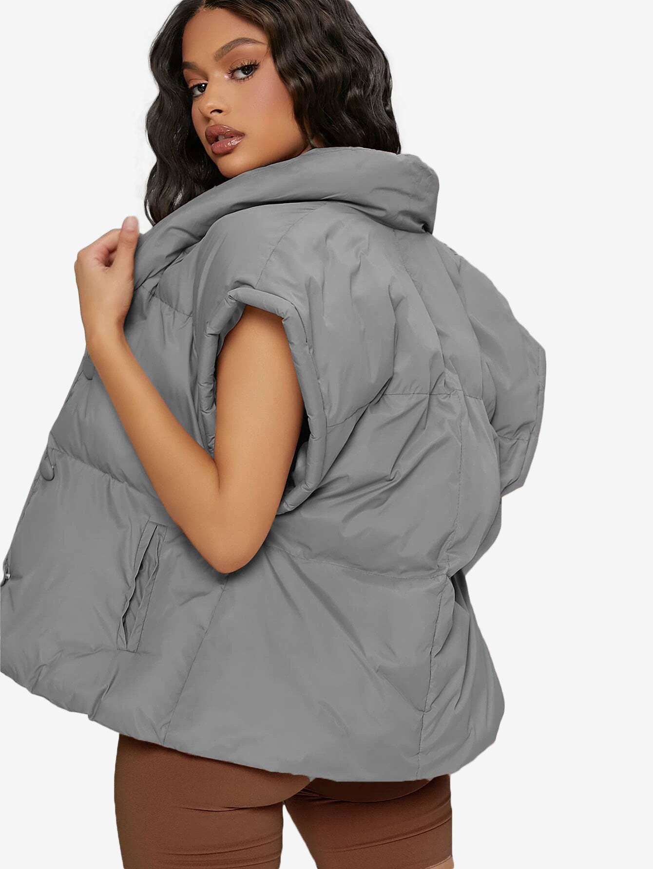 Shawl Collar Slant Pockets Puffer Vest Coat