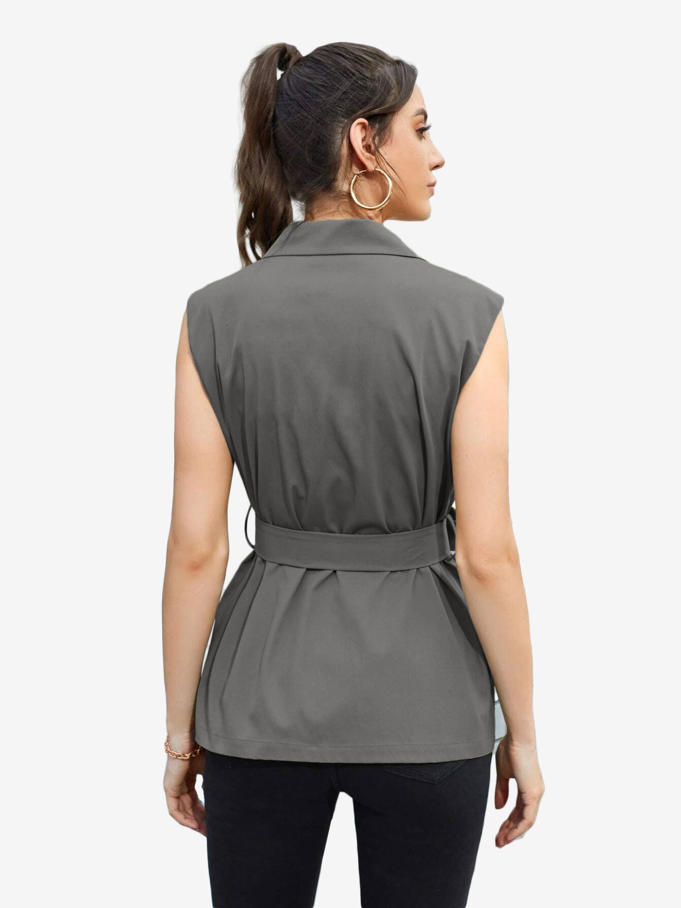 Autumn Lapel Neck Flap Pocket Belted Vest Blazer