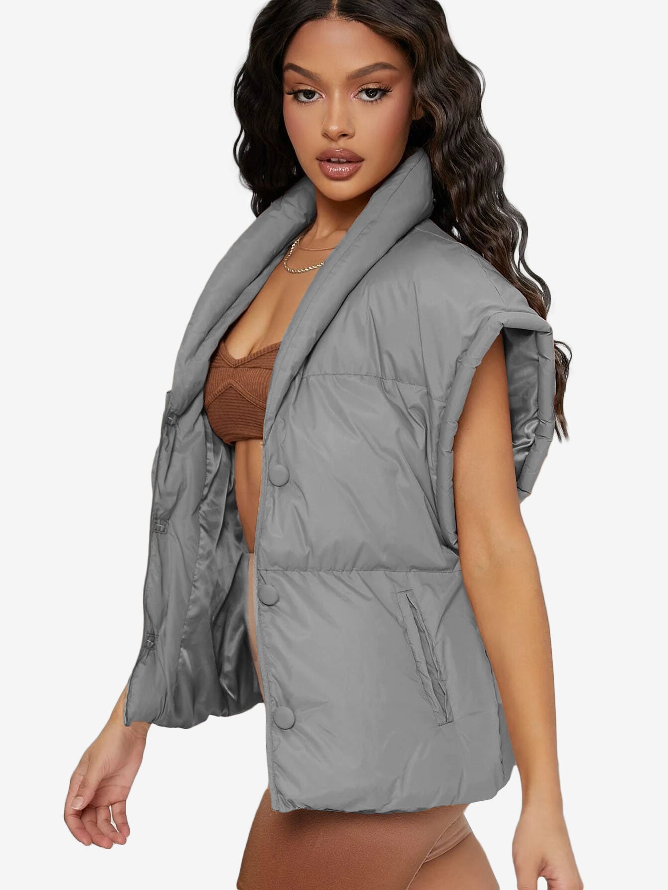 Shawl Collar Slant Pockets Puffer Vest Coat