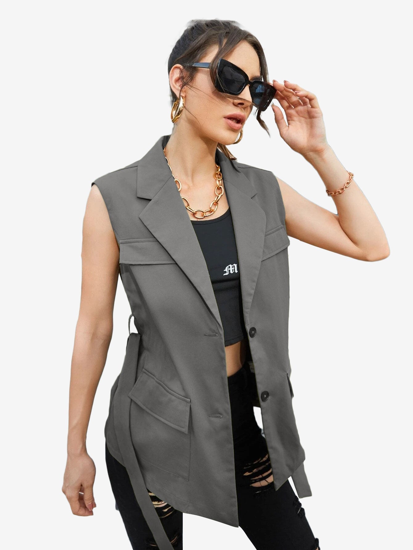 Autumn Lapel Neck Flap Pocket Belted Vest Blazer