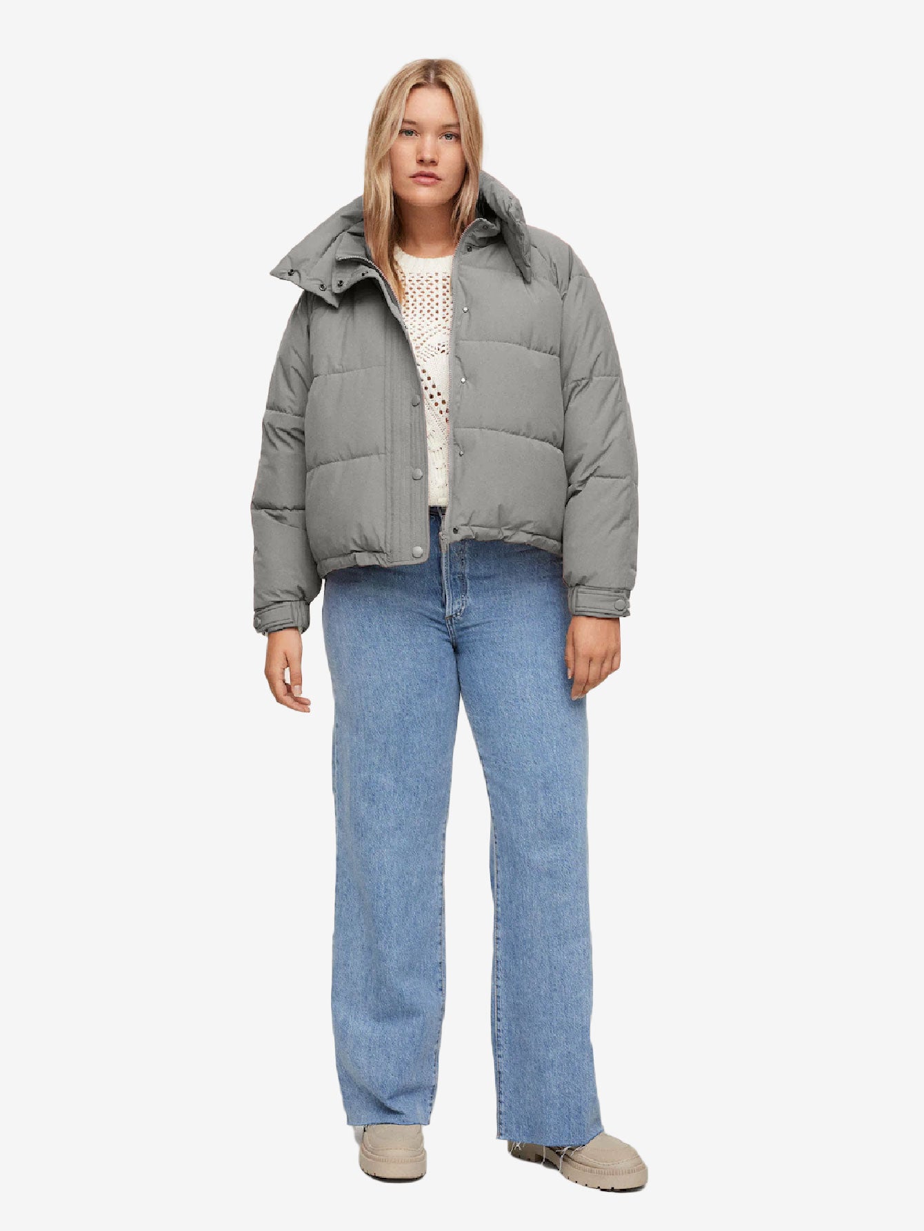 Buttoned Solid Zip Up Quilted Jacket