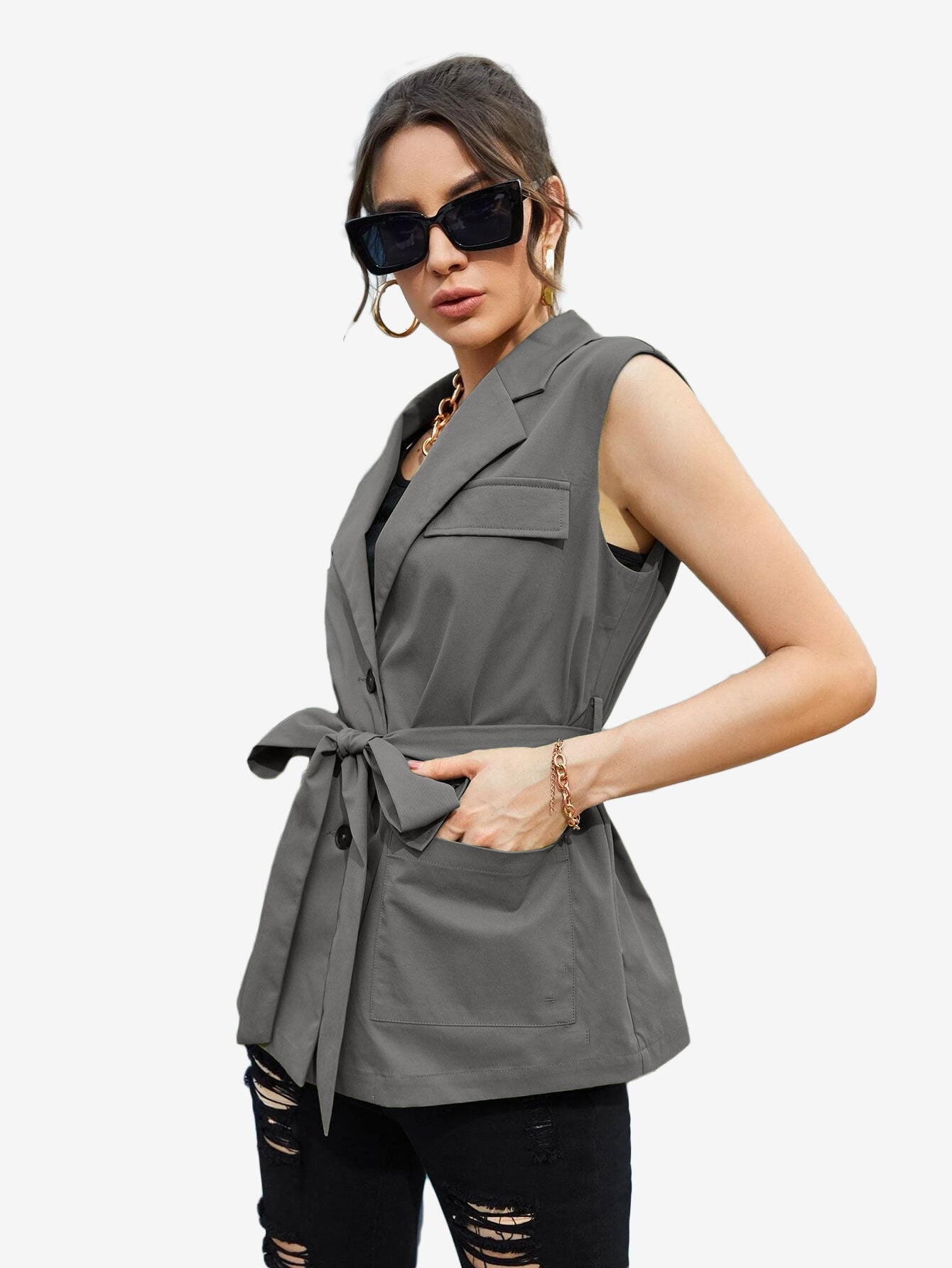 Autumn Lapel Neck Flap Pocket Belted Vest Blazer