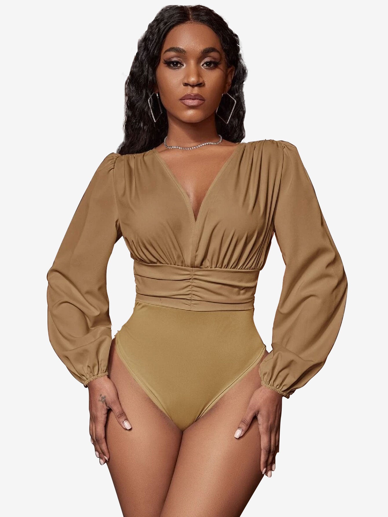 Charming Lantern Sleeve Ruched Bodysuit