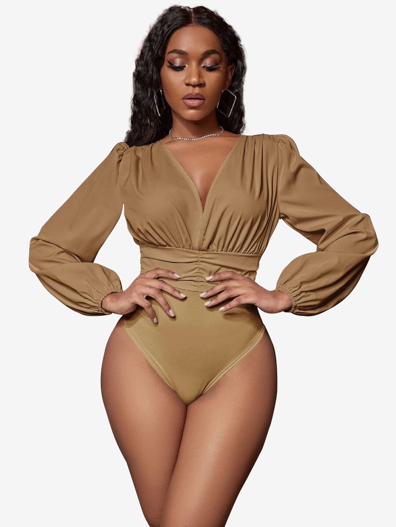 Charming Lantern Sleeve Ruched Bodysuit