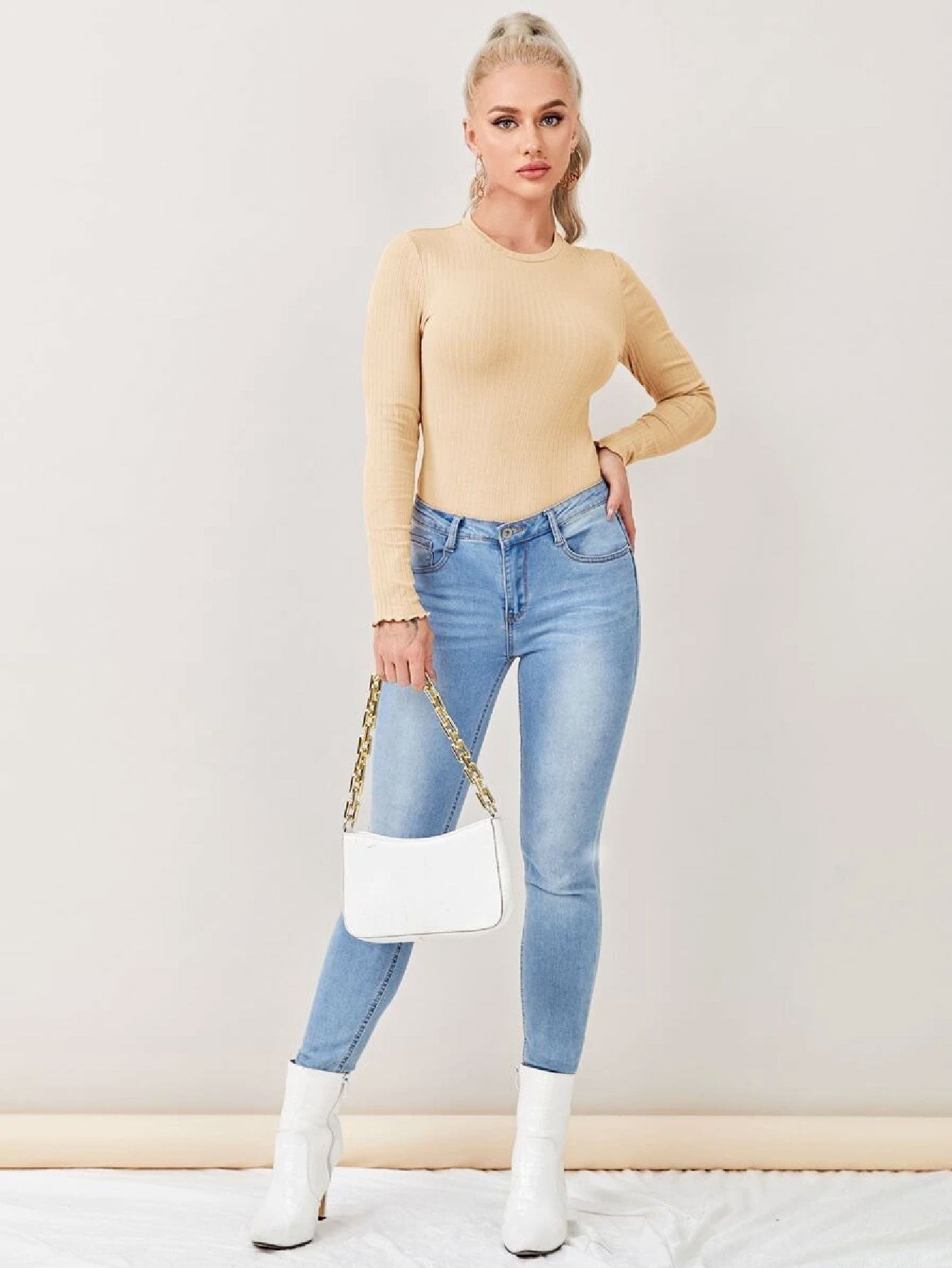 Fascinated Solid Rib-knit Bodysuit