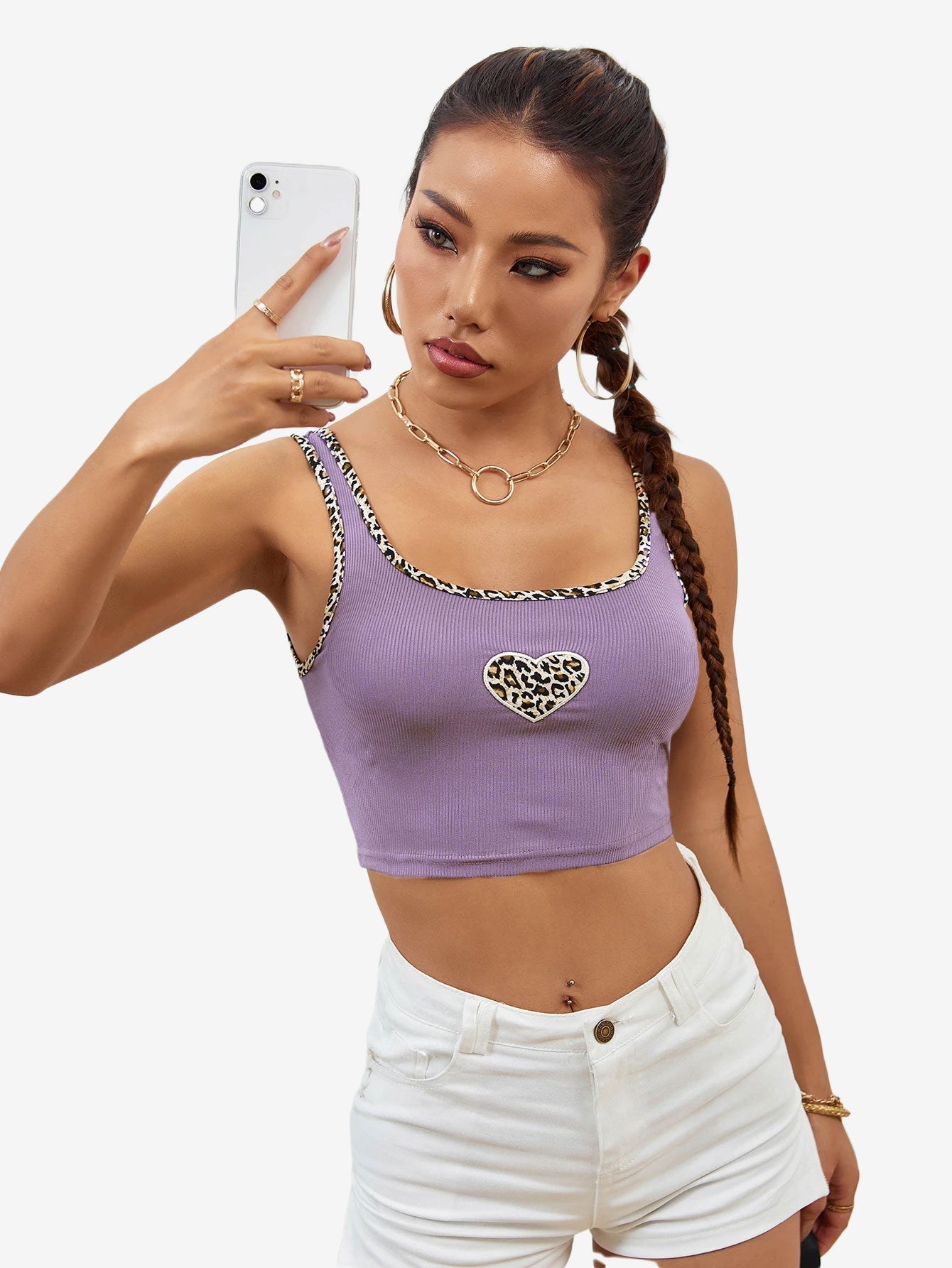 Leopard Binding Heart Embroidery Tank Top