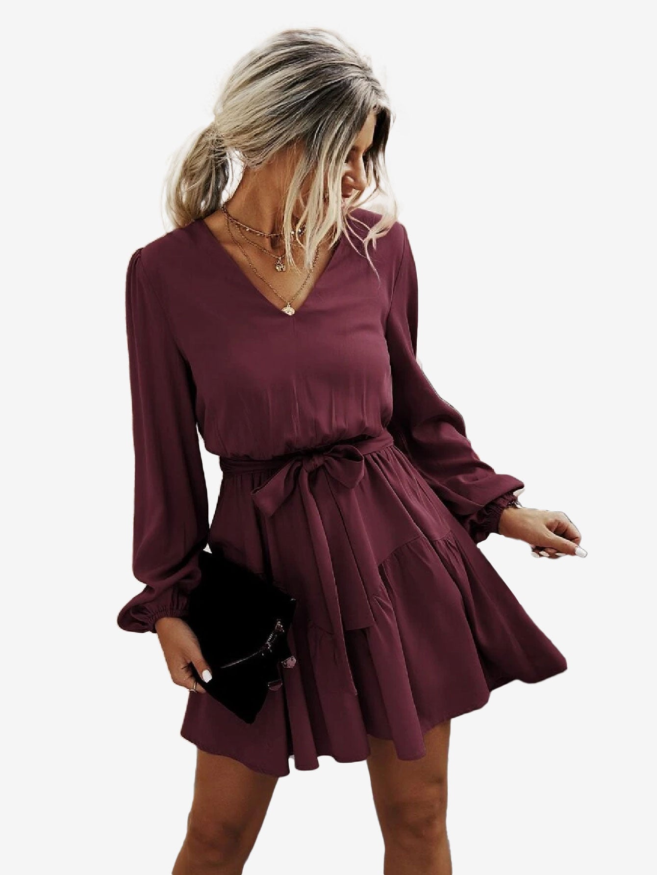 Charming V Neck Lantern Sleeve Belted Dress