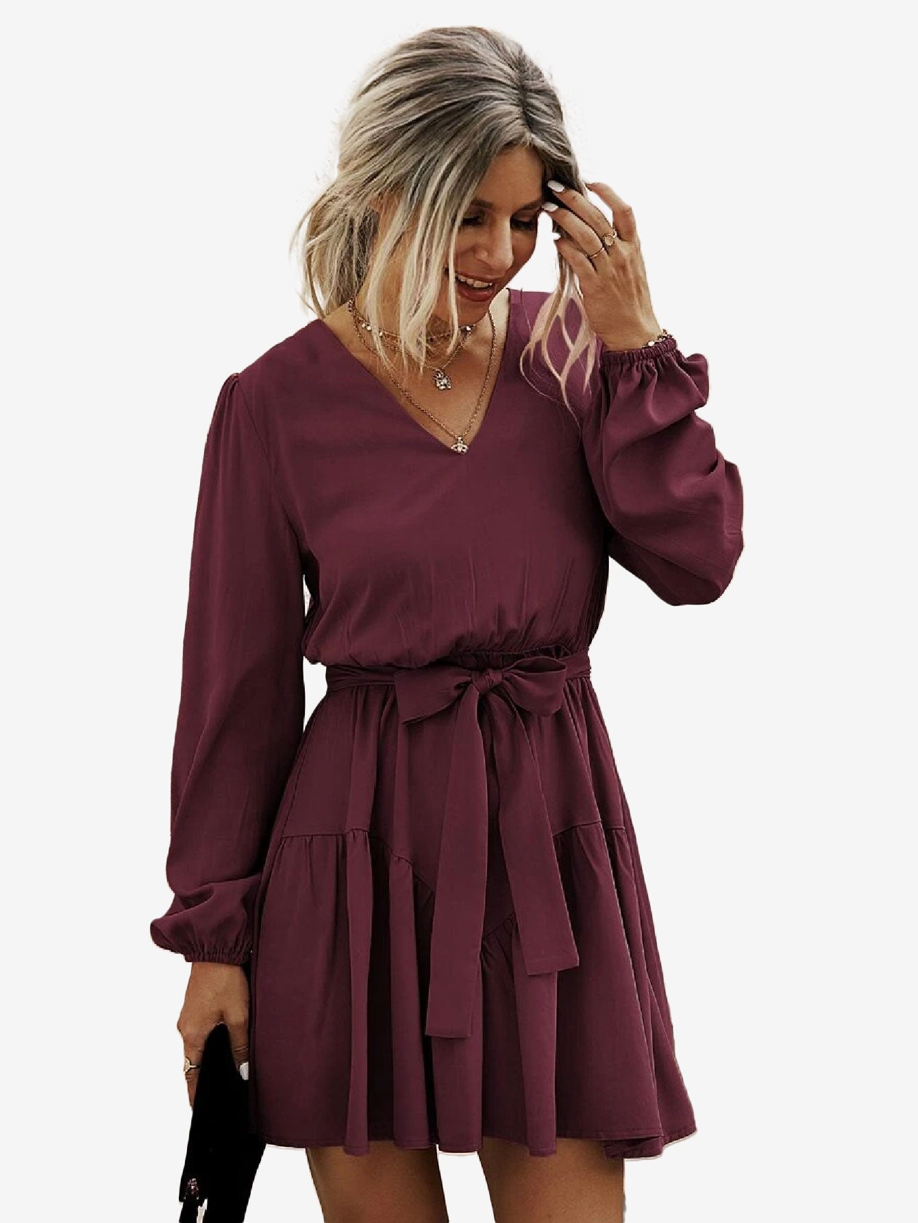 Charming V Neck Lantern Sleeve Belted Dress