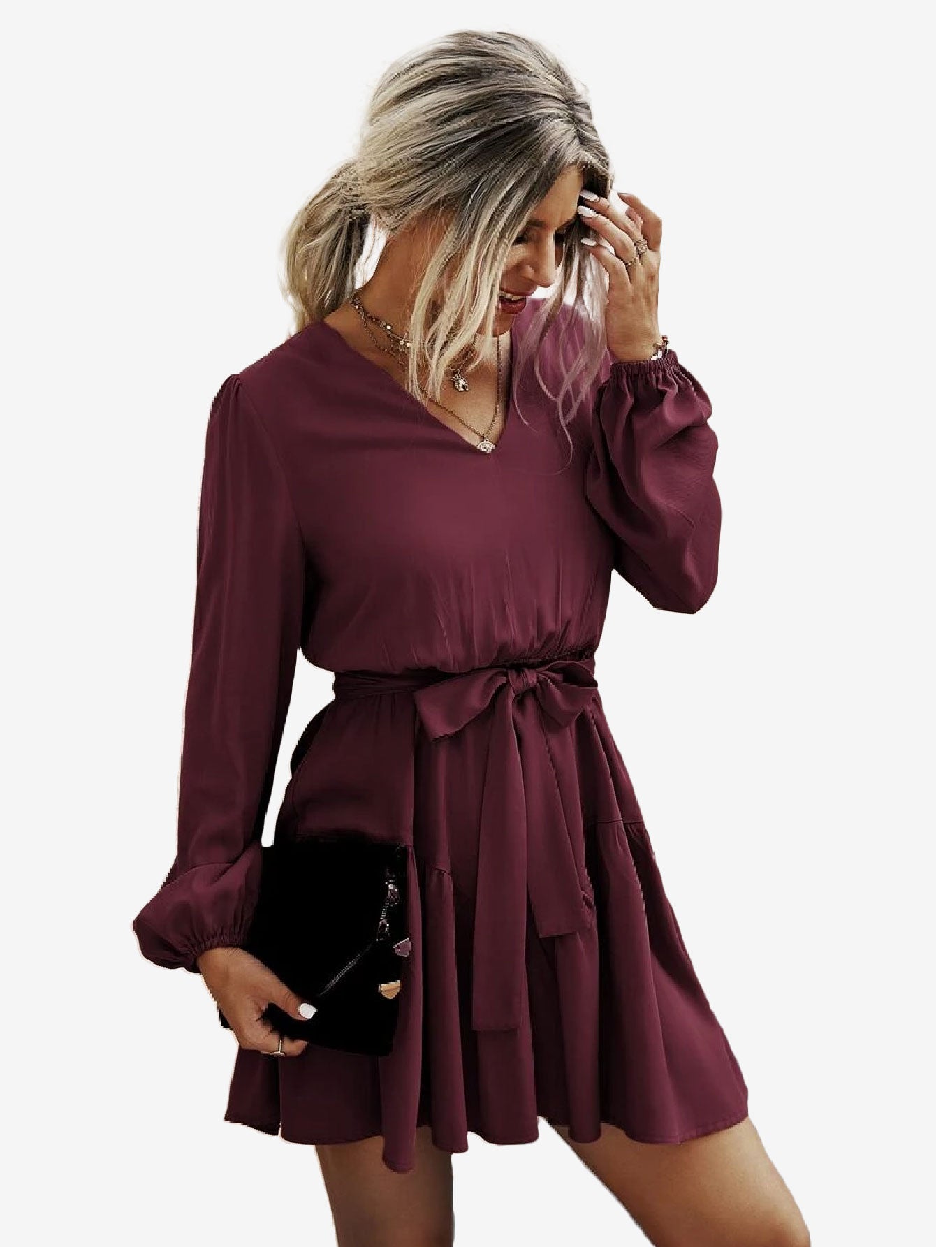 Charming V Neck Lantern Sleeve Belted Dress
