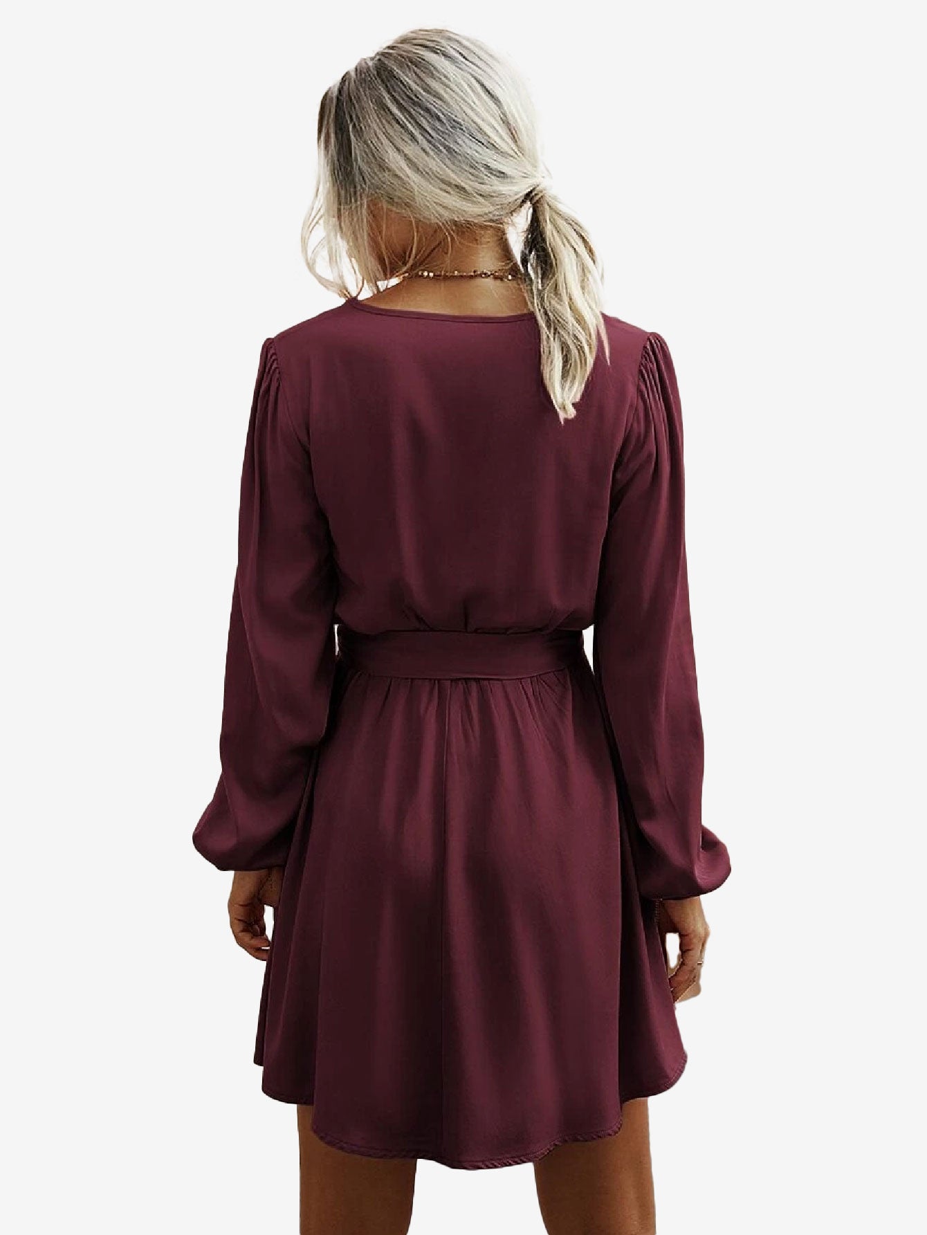 Charming V Neck Lantern Sleeve Belted Dress