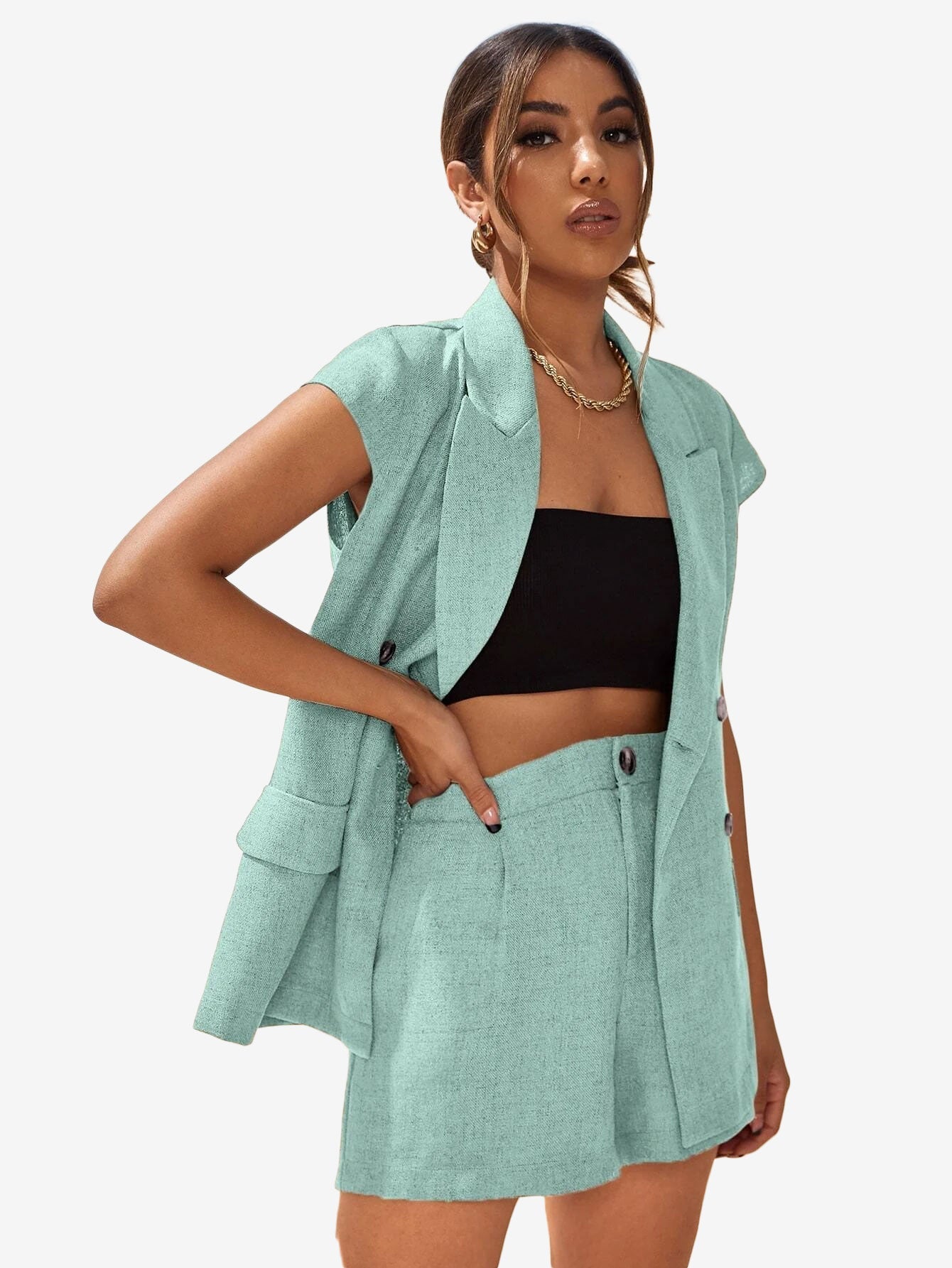 Double Button Vest _ Shorts Suit Set