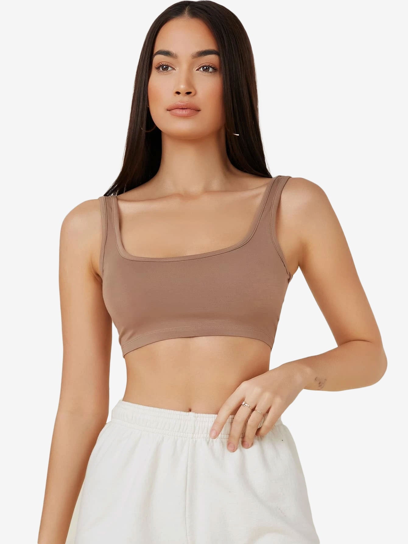 Basics Double Scoop Neck Solid Crop Tank Top