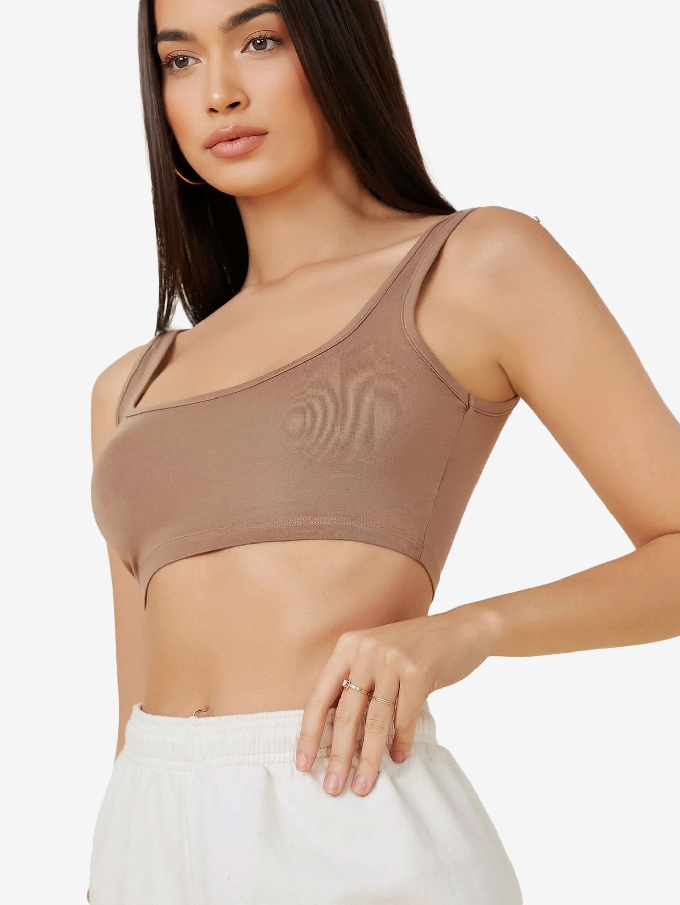 Basics Double Scoop Neck Solid Crop Tank Top