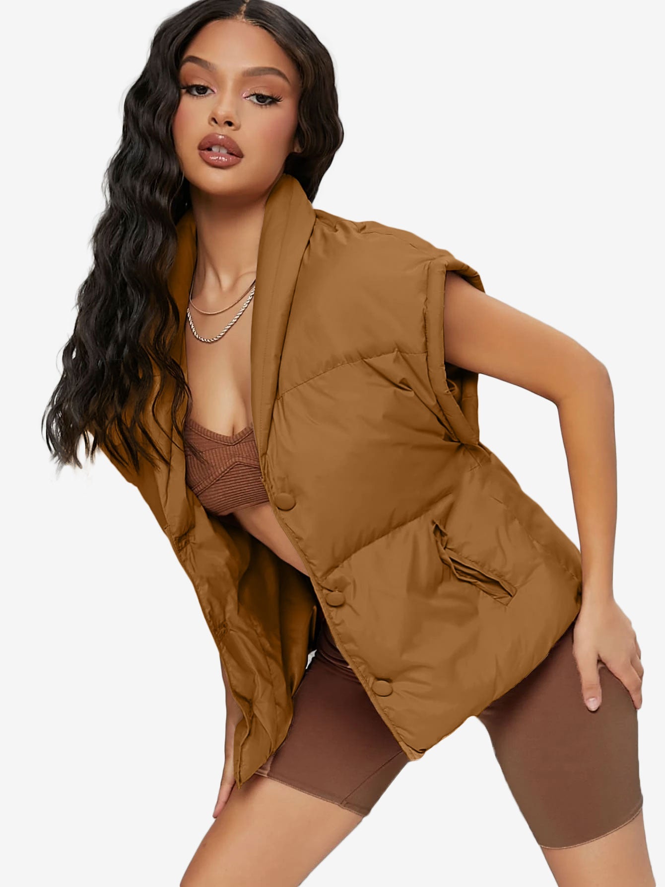 Shawl Collar Slant Pockets Puffer Vest Coat