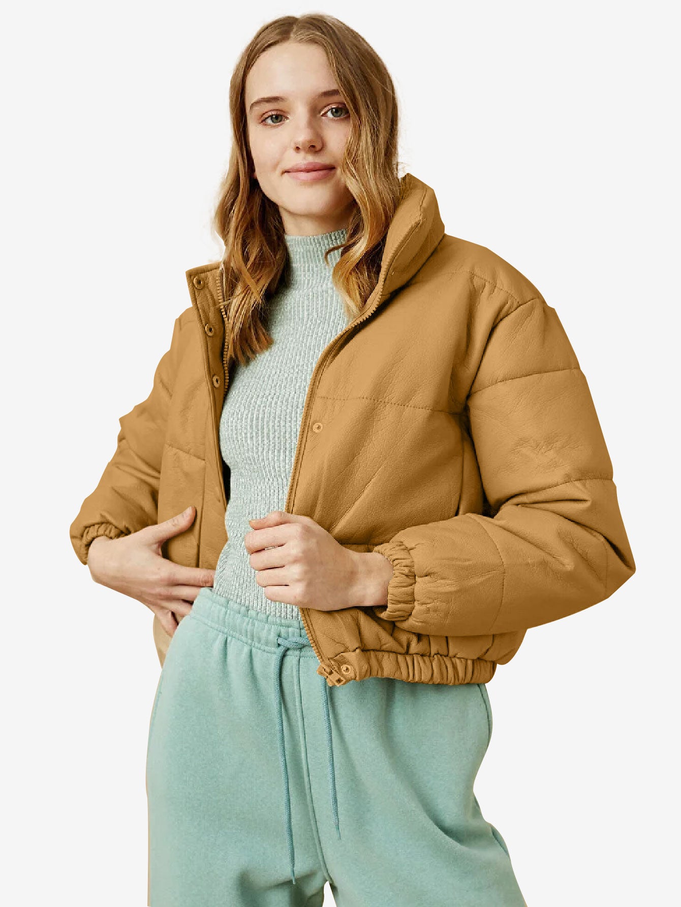 Cozy Zip Up Faux Leather Puffer Jacket