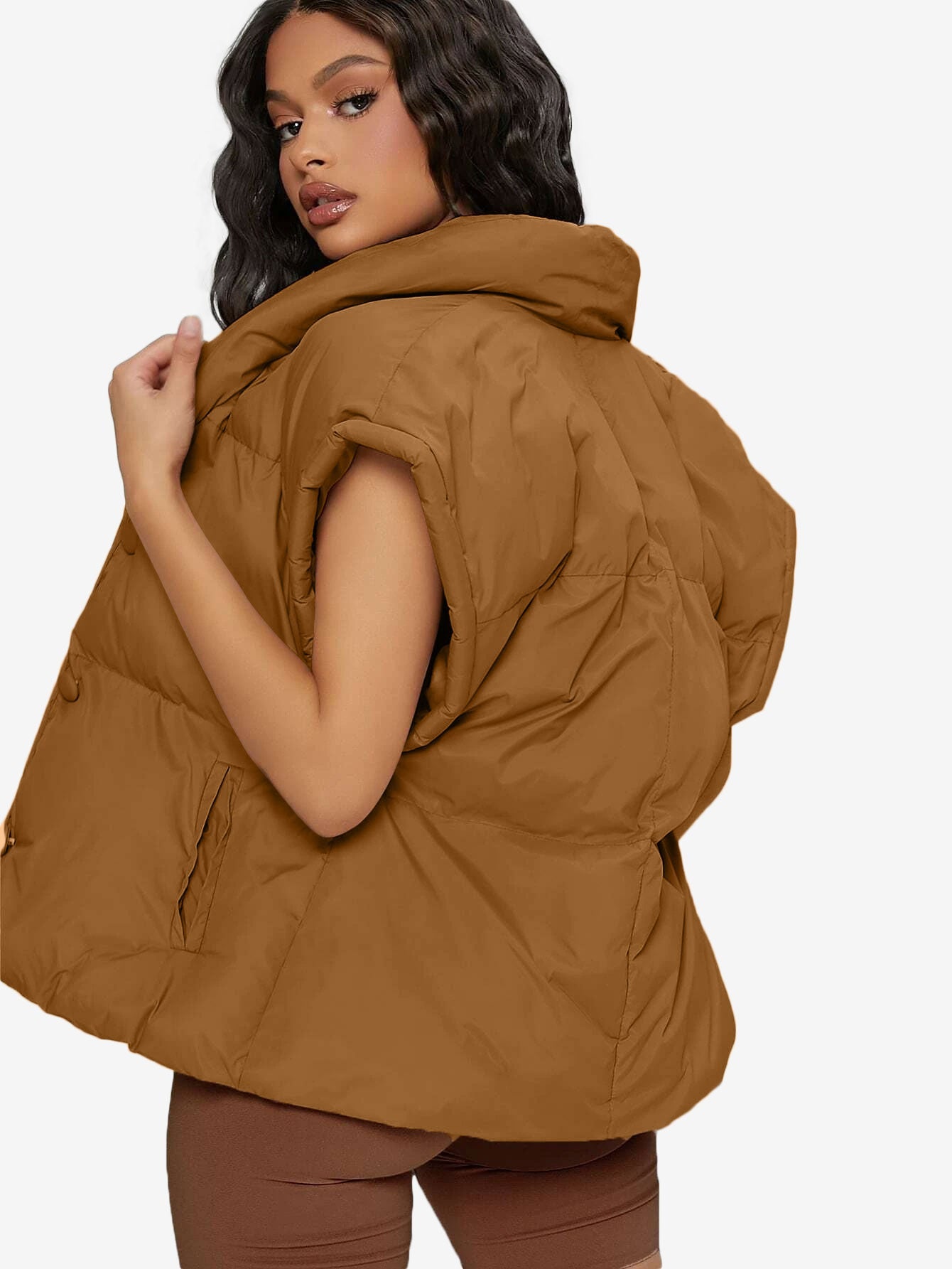 Shawl Collar Slant Pockets Puffer Vest Coat