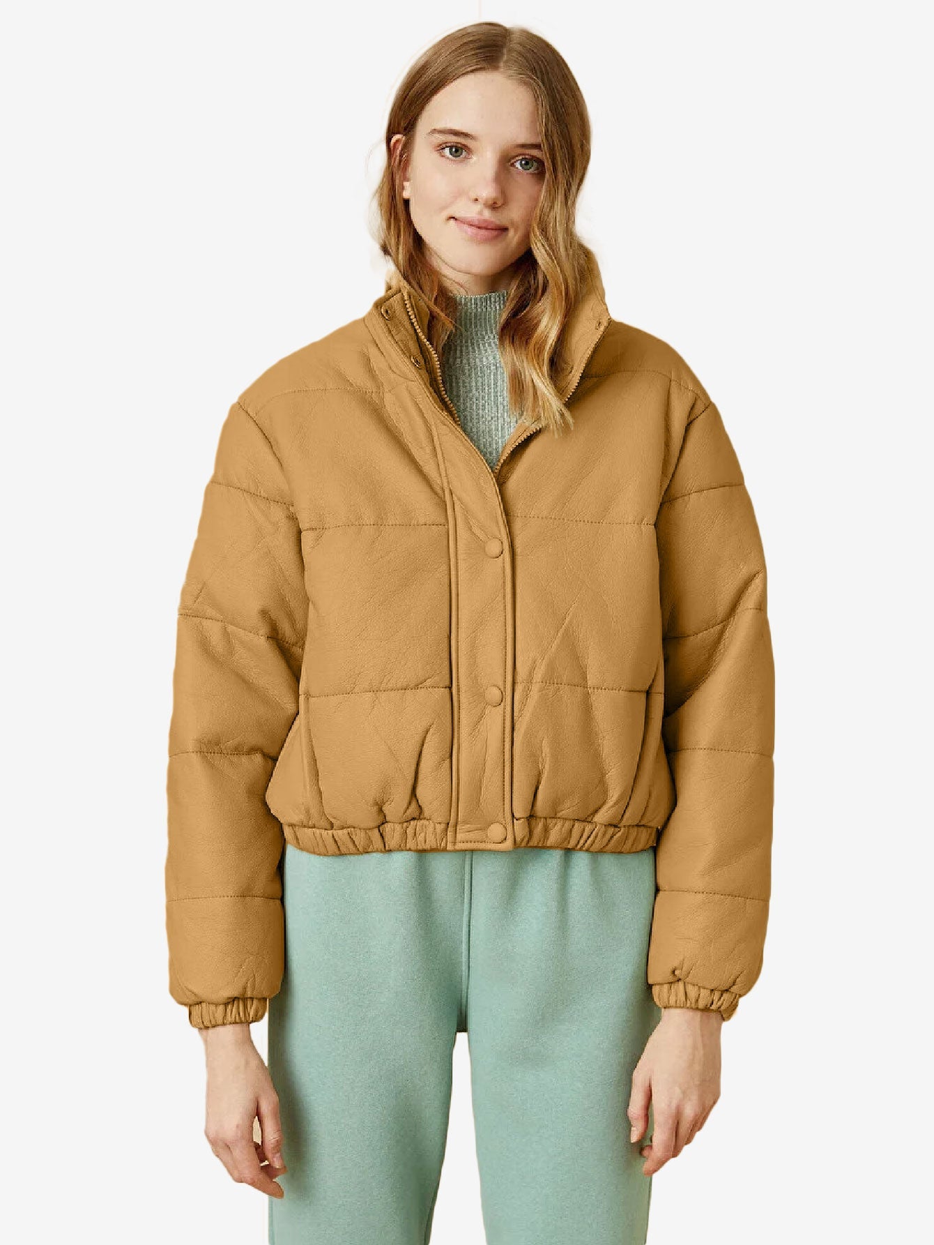 Cozy Zip Up Faux Leather Puffer Jacket