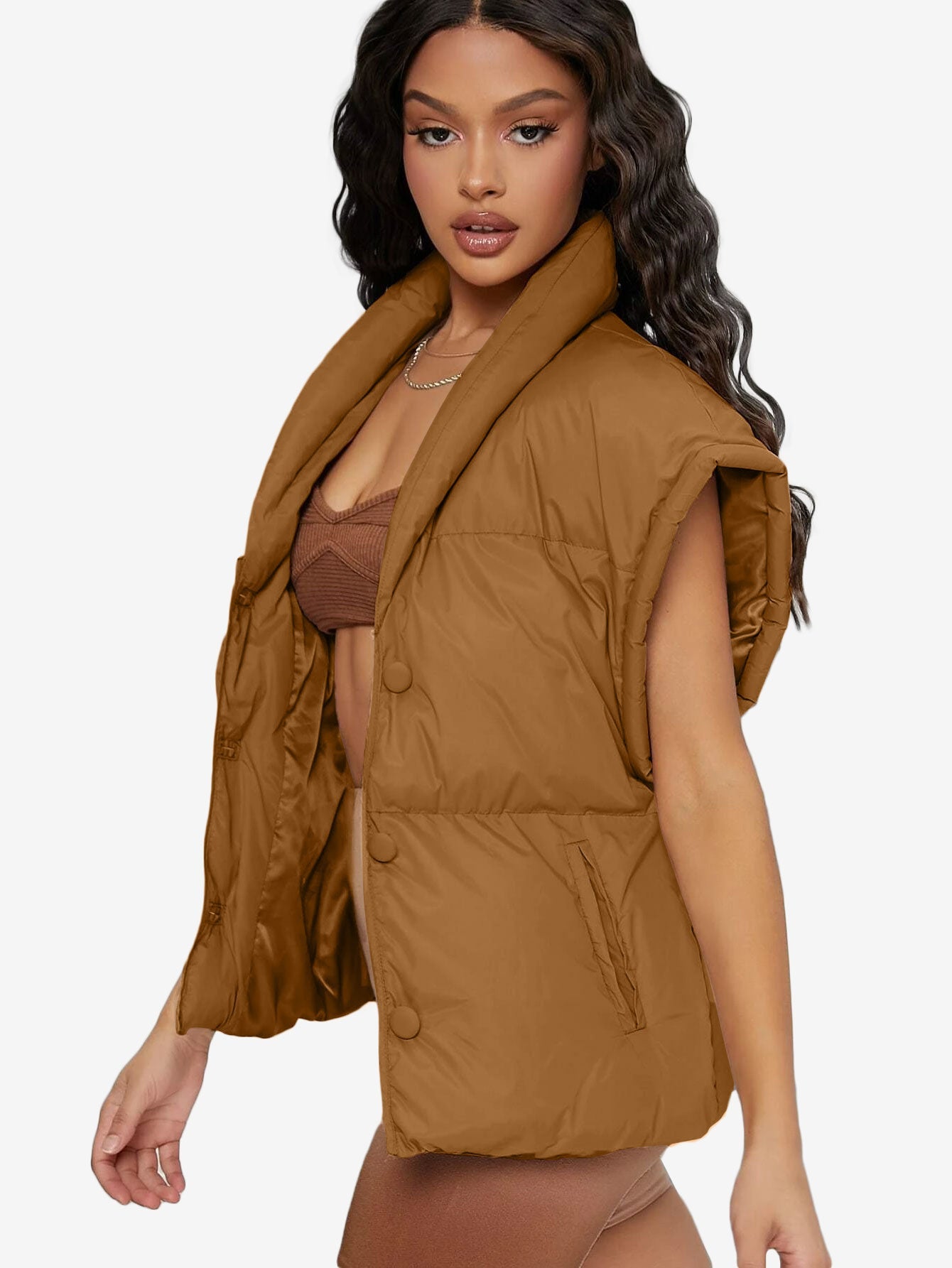 Shawl Collar Slant Pockets Puffer Vest Coat