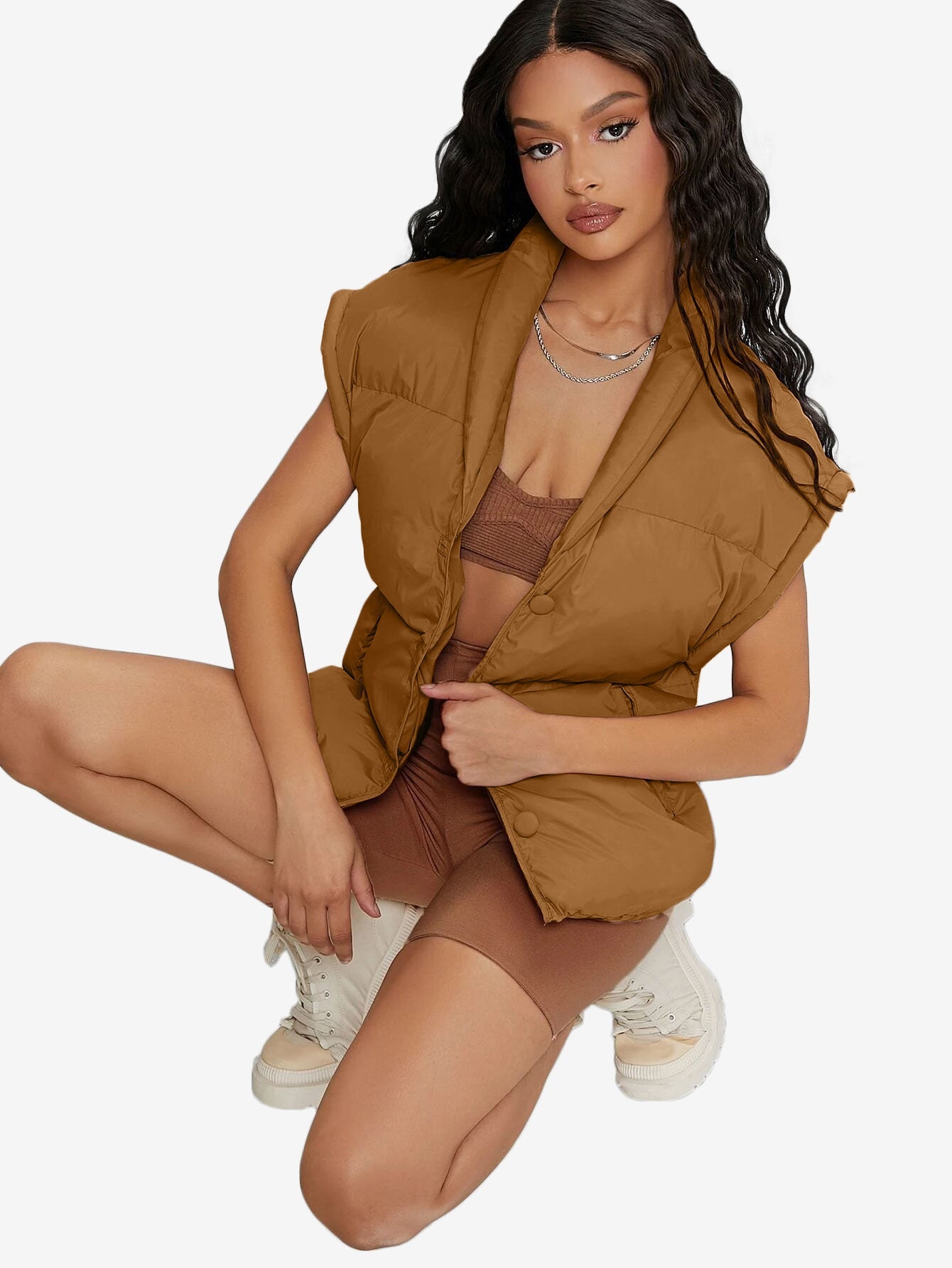 Shawl Collar Slant Pockets Puffer Vest Coat