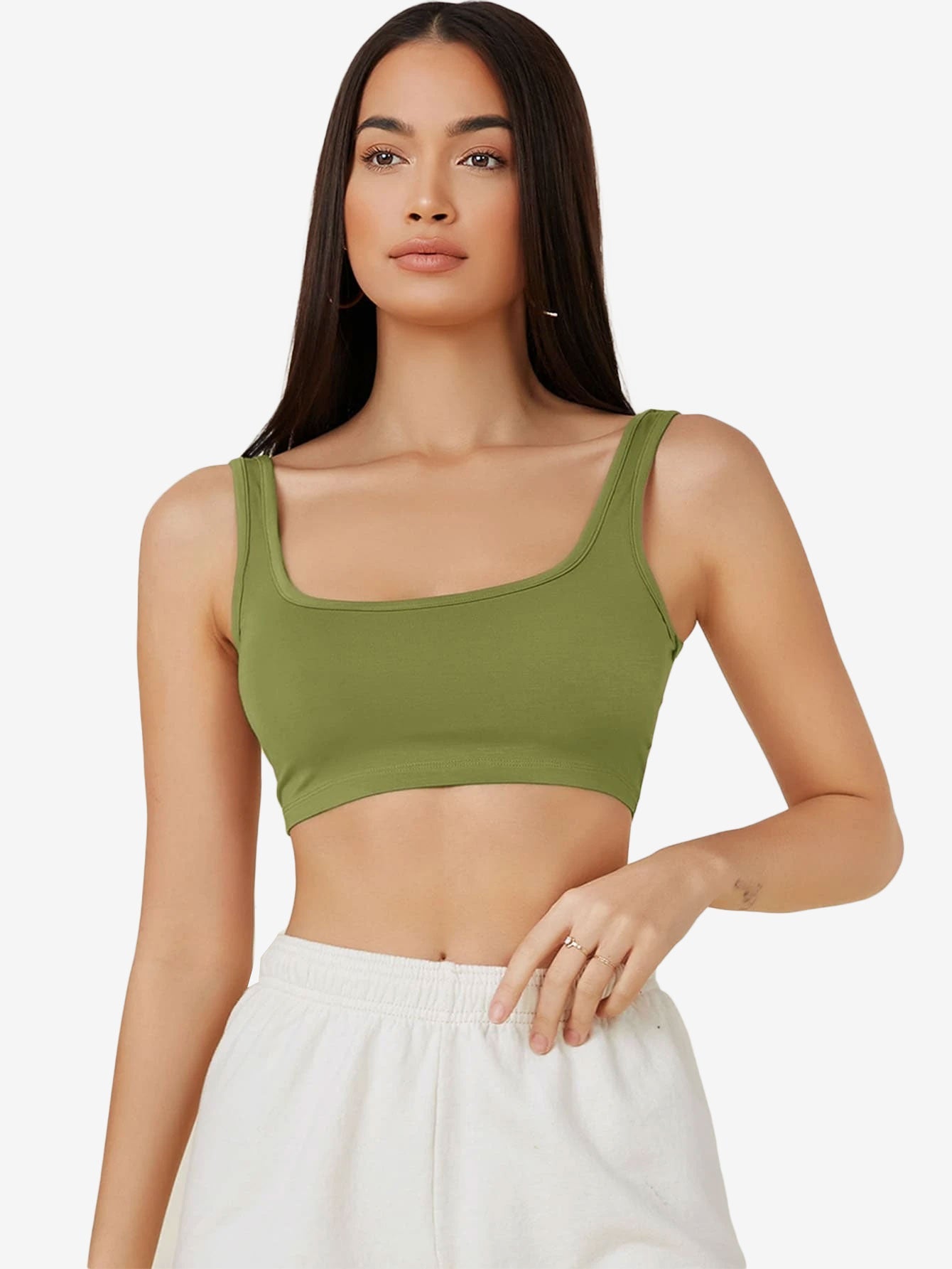 Basics Double Scoop Neck Solid Crop Tank Top