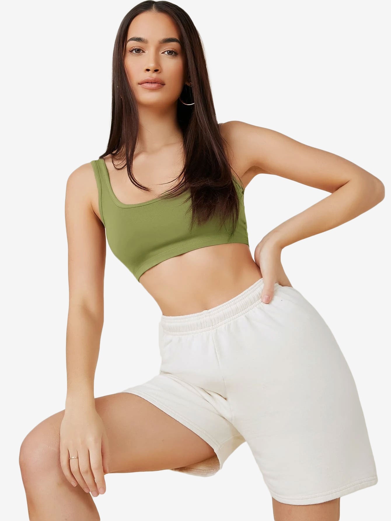 Basics Double Scoop Neck Solid Crop Tank Top