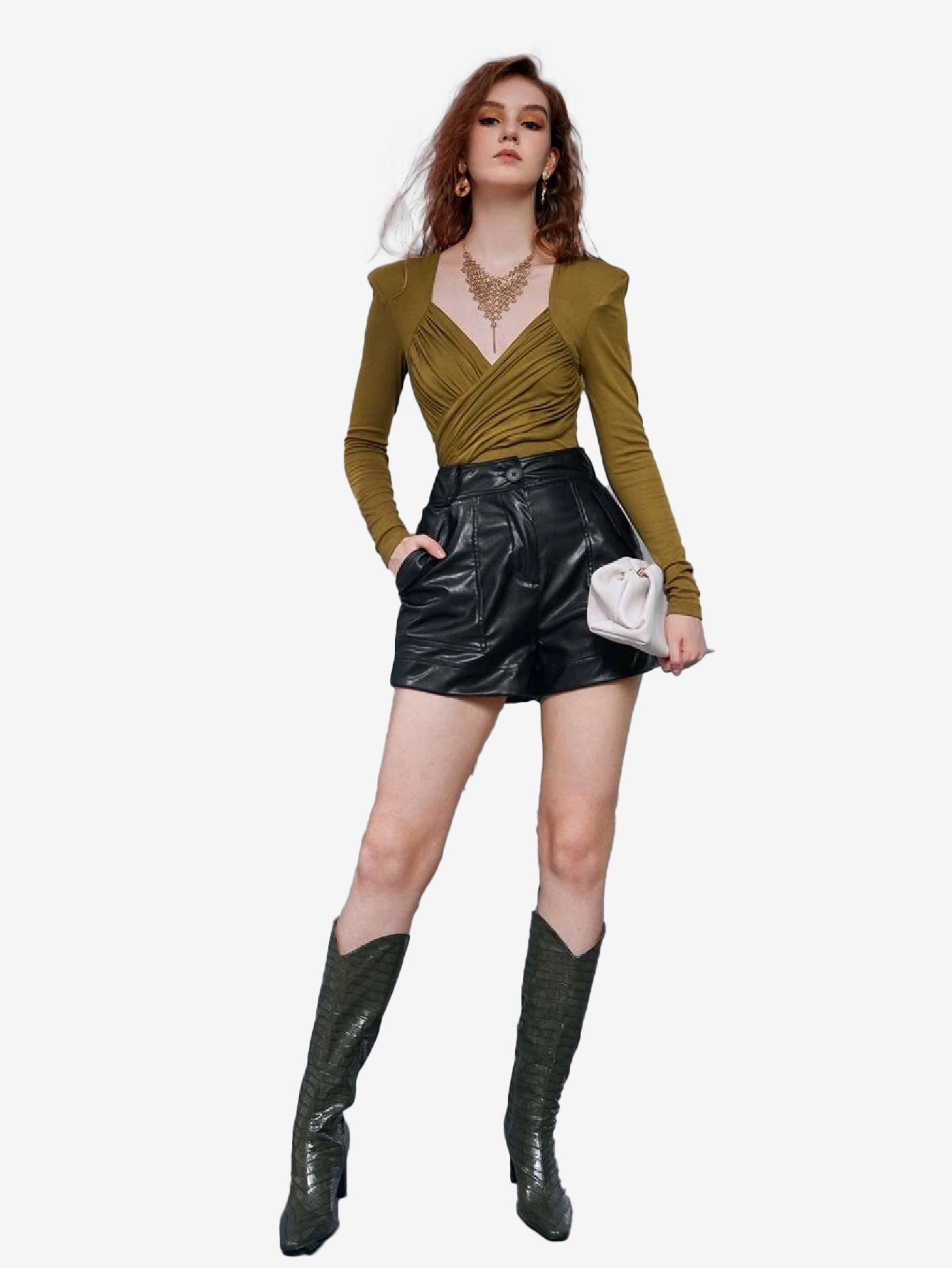 Appealing Neck Puff Sleeve Ruched Bodysuit