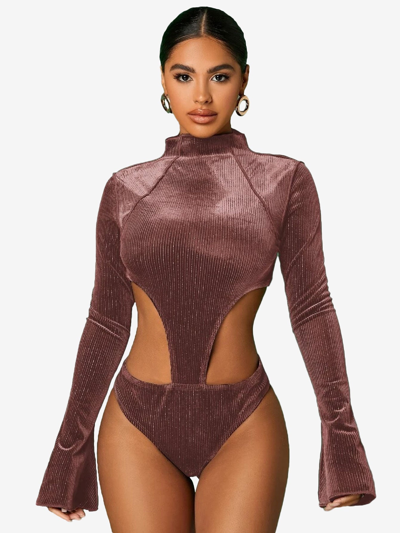 Cunning Mock Neck Cut Out Velvet Bodysuit