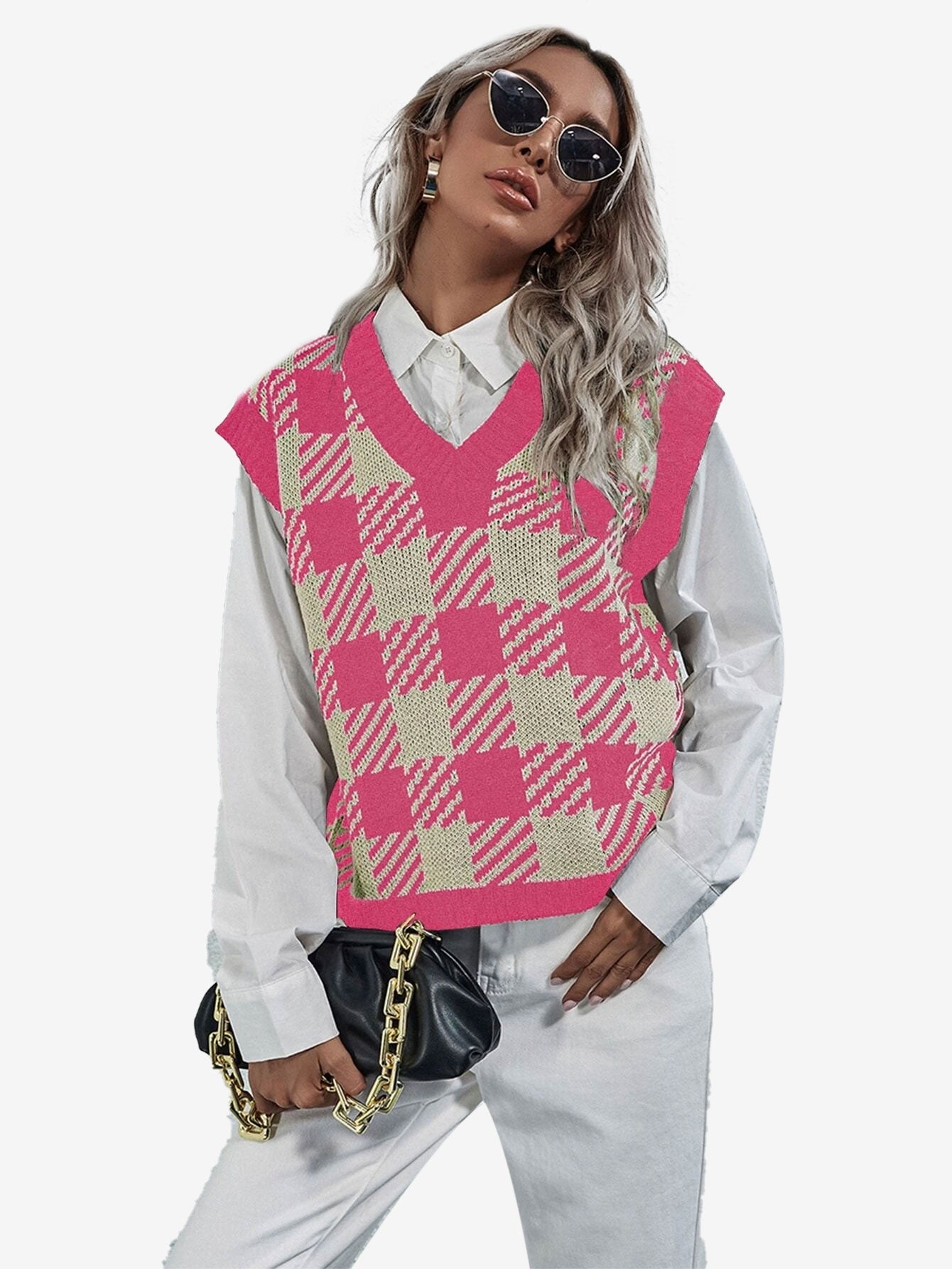 Cute V-neck Gingham Sweater Vest