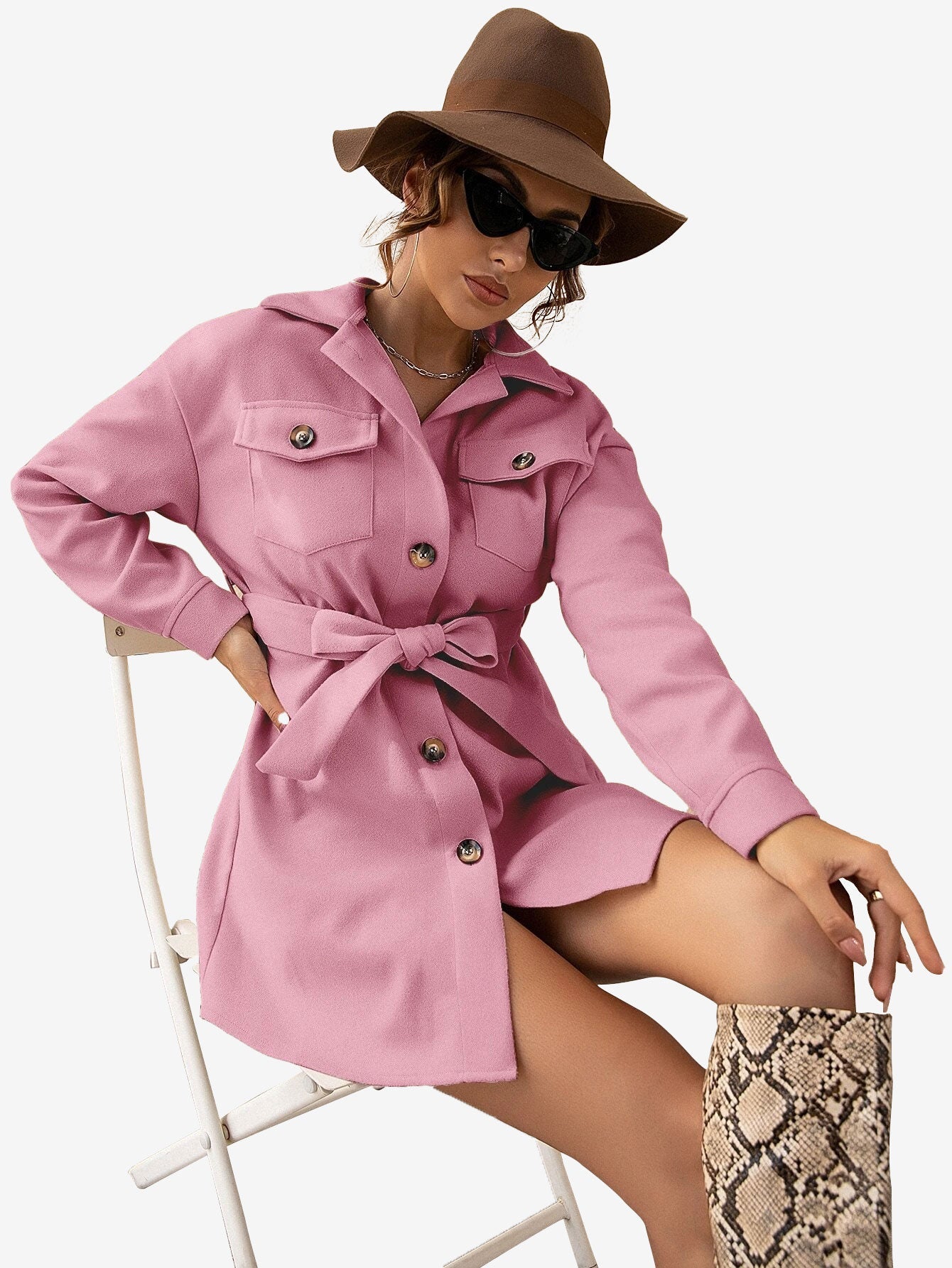 Drop Shoulder Flap Pocket Belted Overcoat