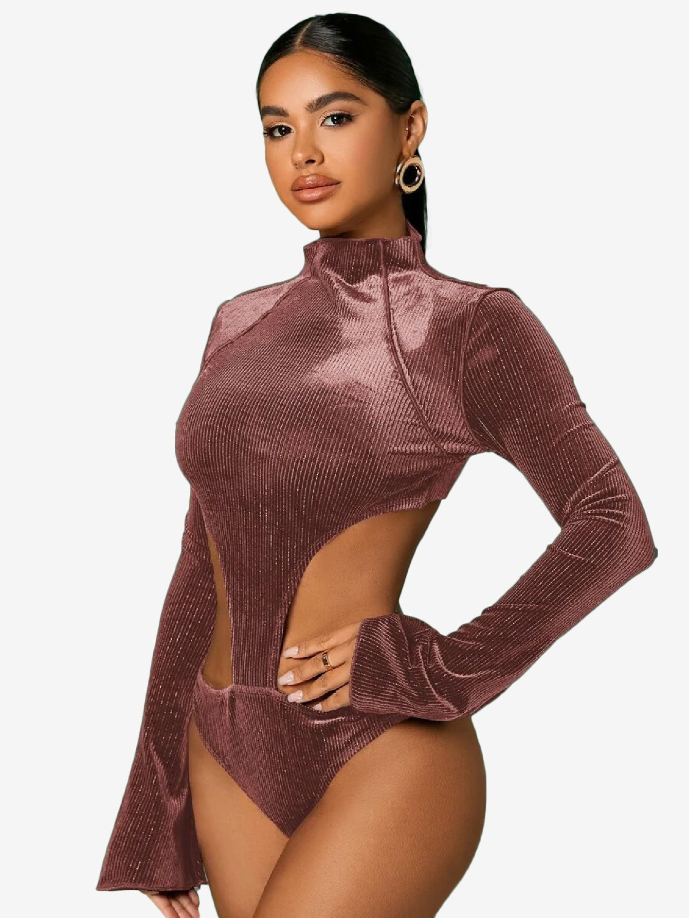 Cunning Mock Neck Cut Out Velvet Bodysuit
