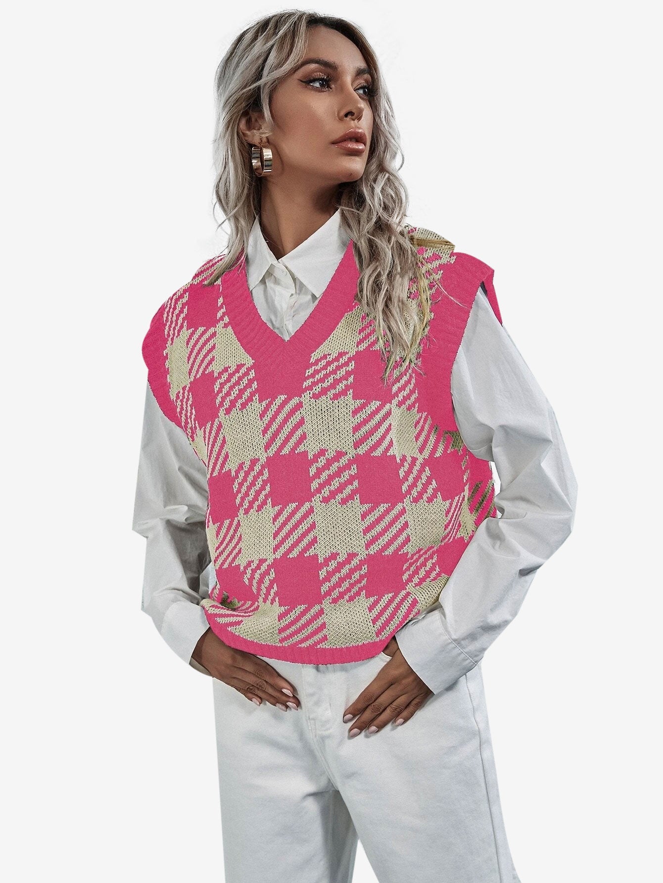 Cute V-neck Gingham Sweater Vest