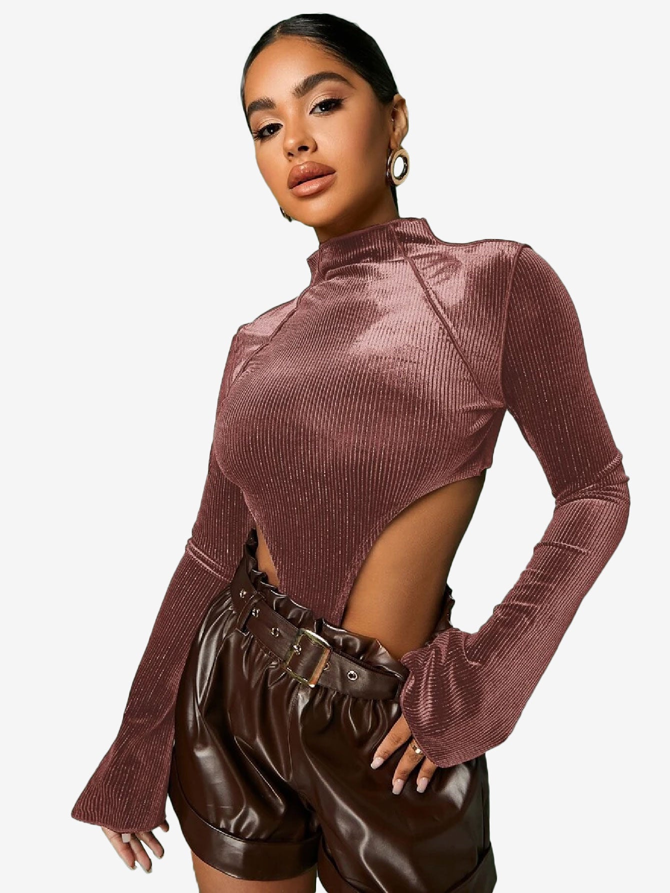 Cunning Mock Neck Cut Out Velvet Bodysuit