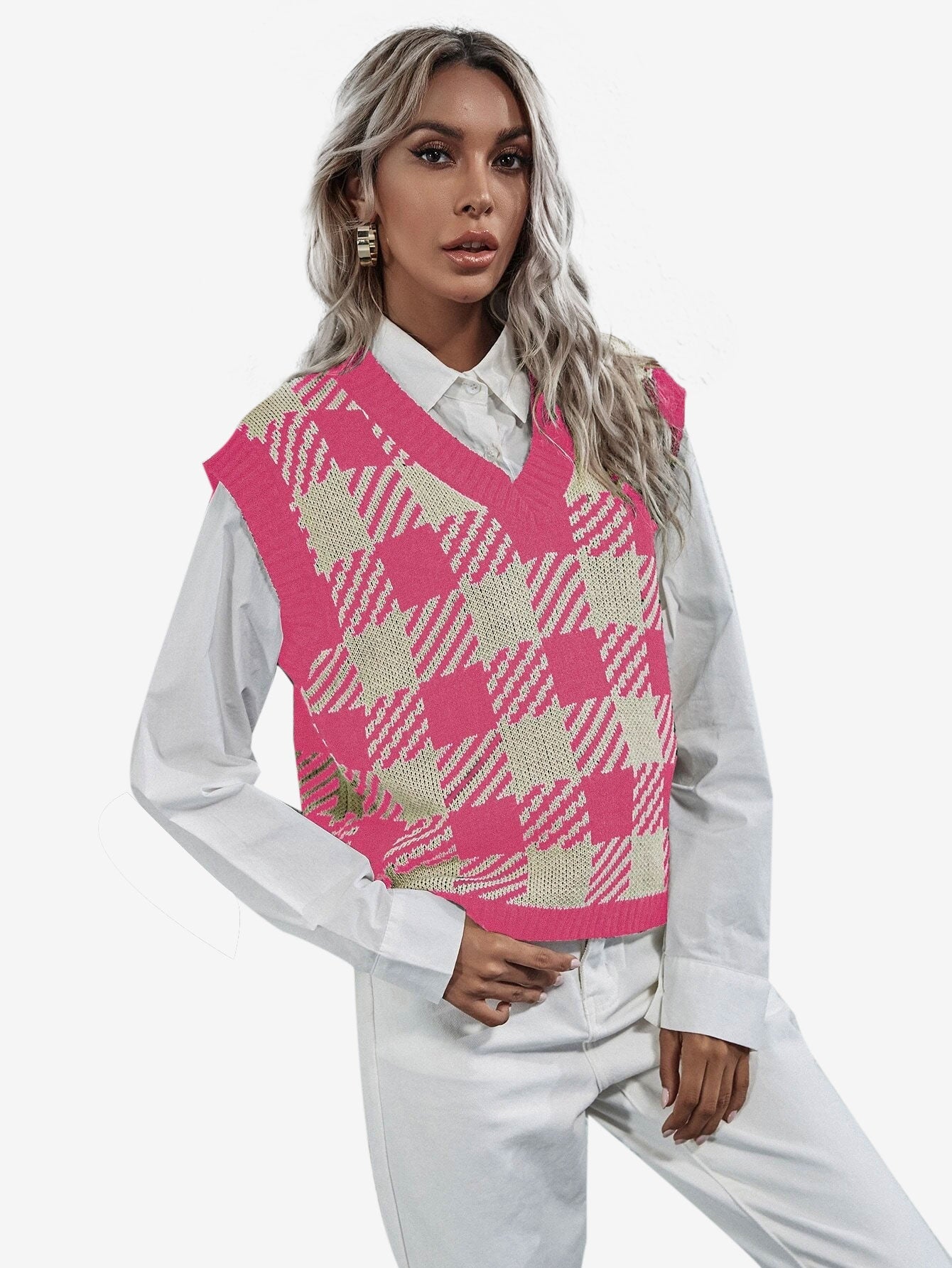 Cute V-neck Gingham Sweater Vest