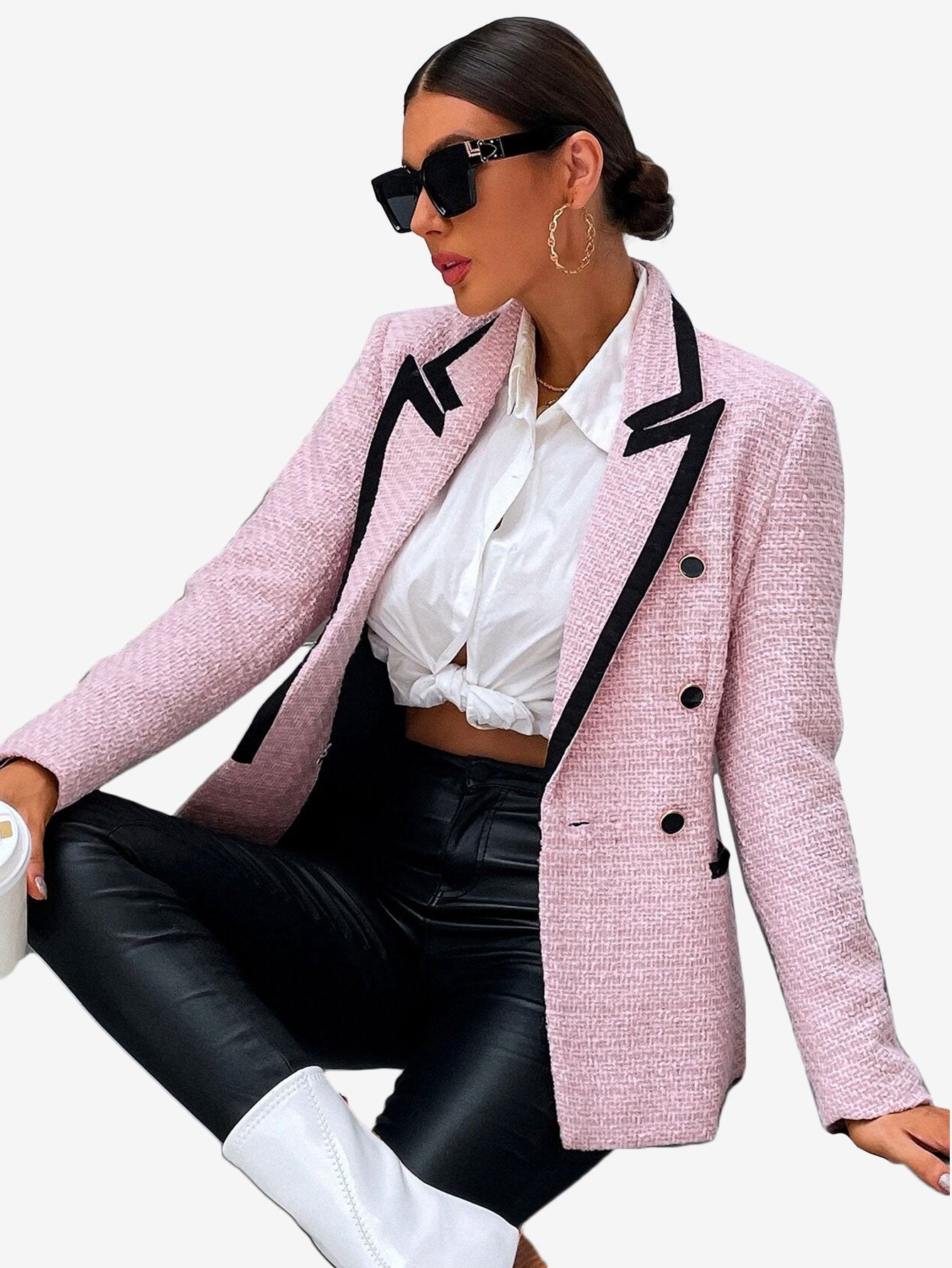 Contrast Binding Peak Collar Double Breasted Overcoat